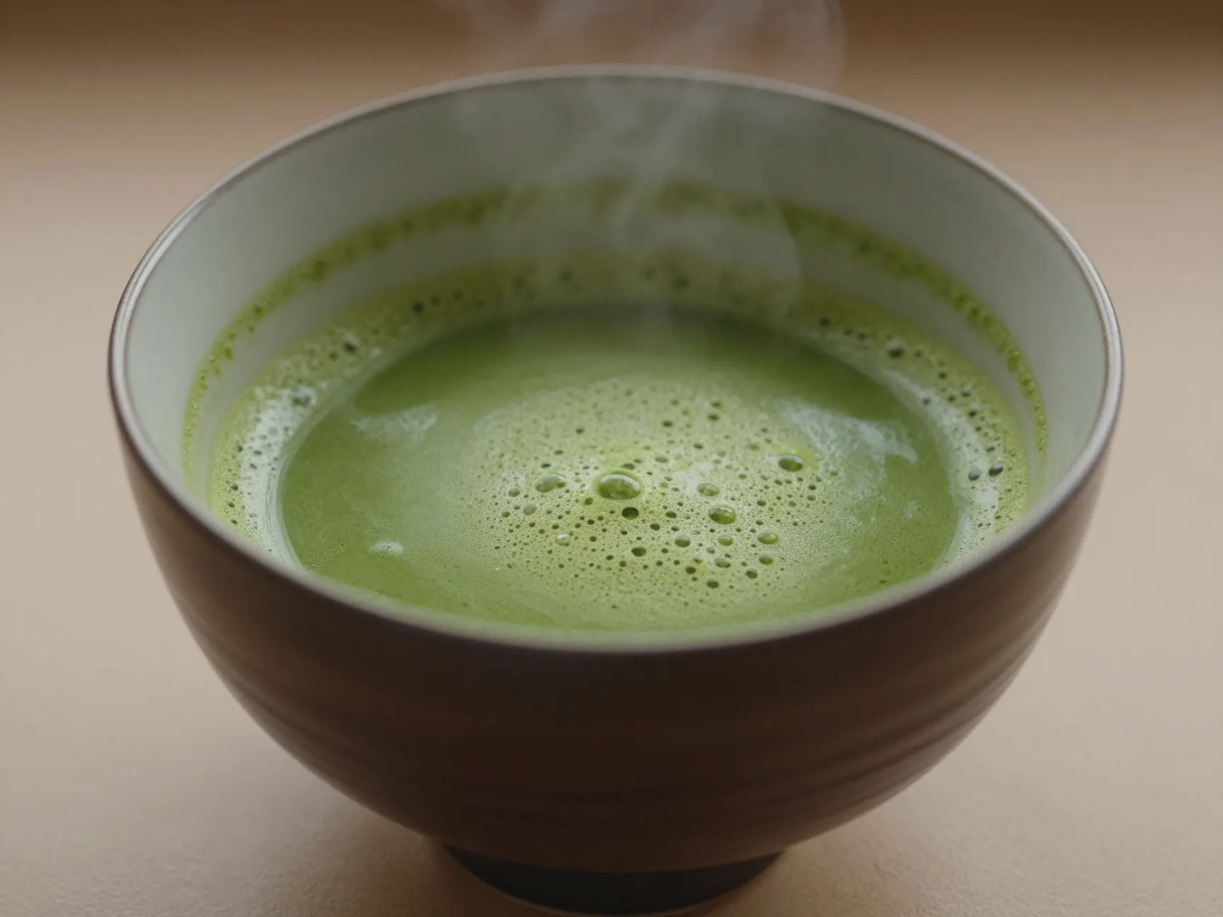 Finished bowl of usucha matcha served immediately in chawan