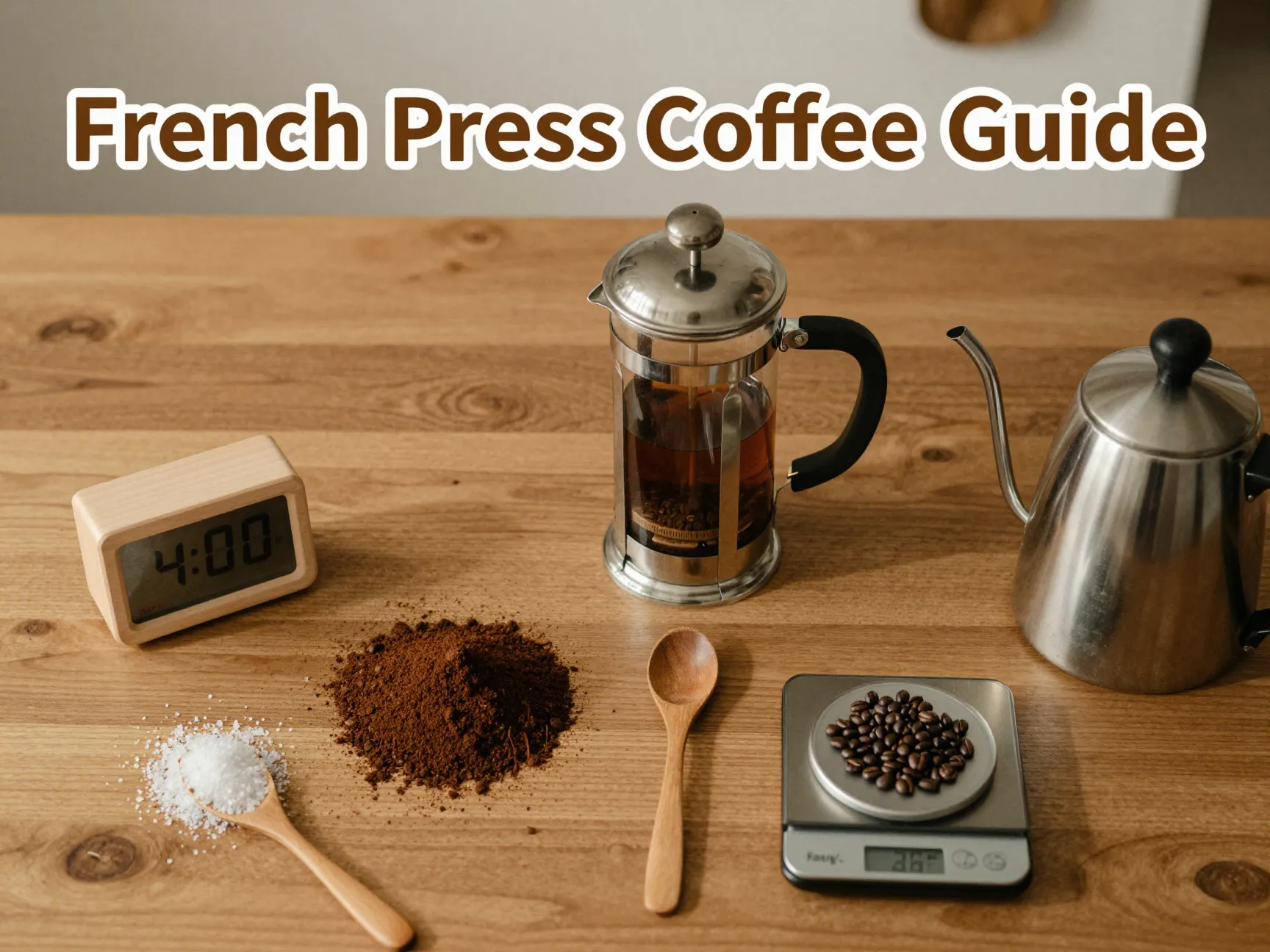 Glass french press coarse grounds timer kitchen scale morning routine