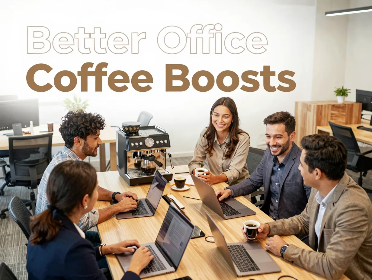 Overhead meeting espresso machine professional engaged employees clean bright