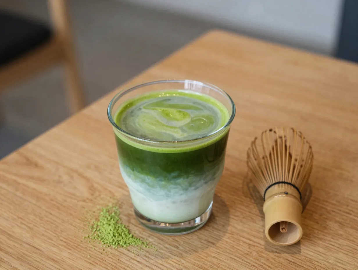 Creamy matcha latte with oat milk in a modern minimalist cafe setting