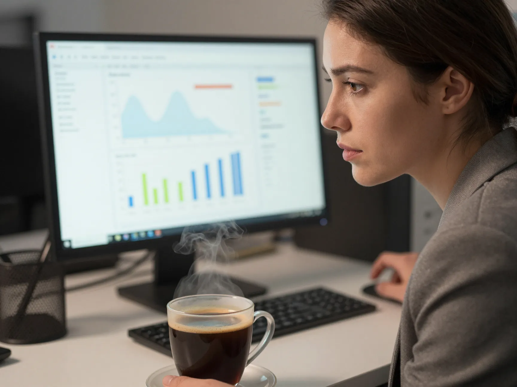 Employee analyzing data with focused eyes and black coffee