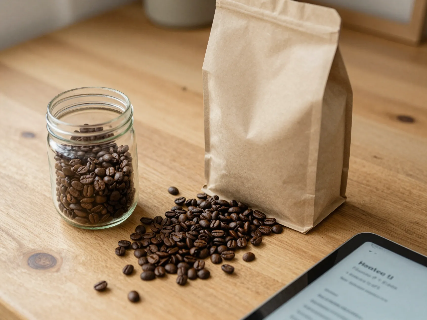Fresh whole bean coffee bag beside an opened glass jar on a wooden counter