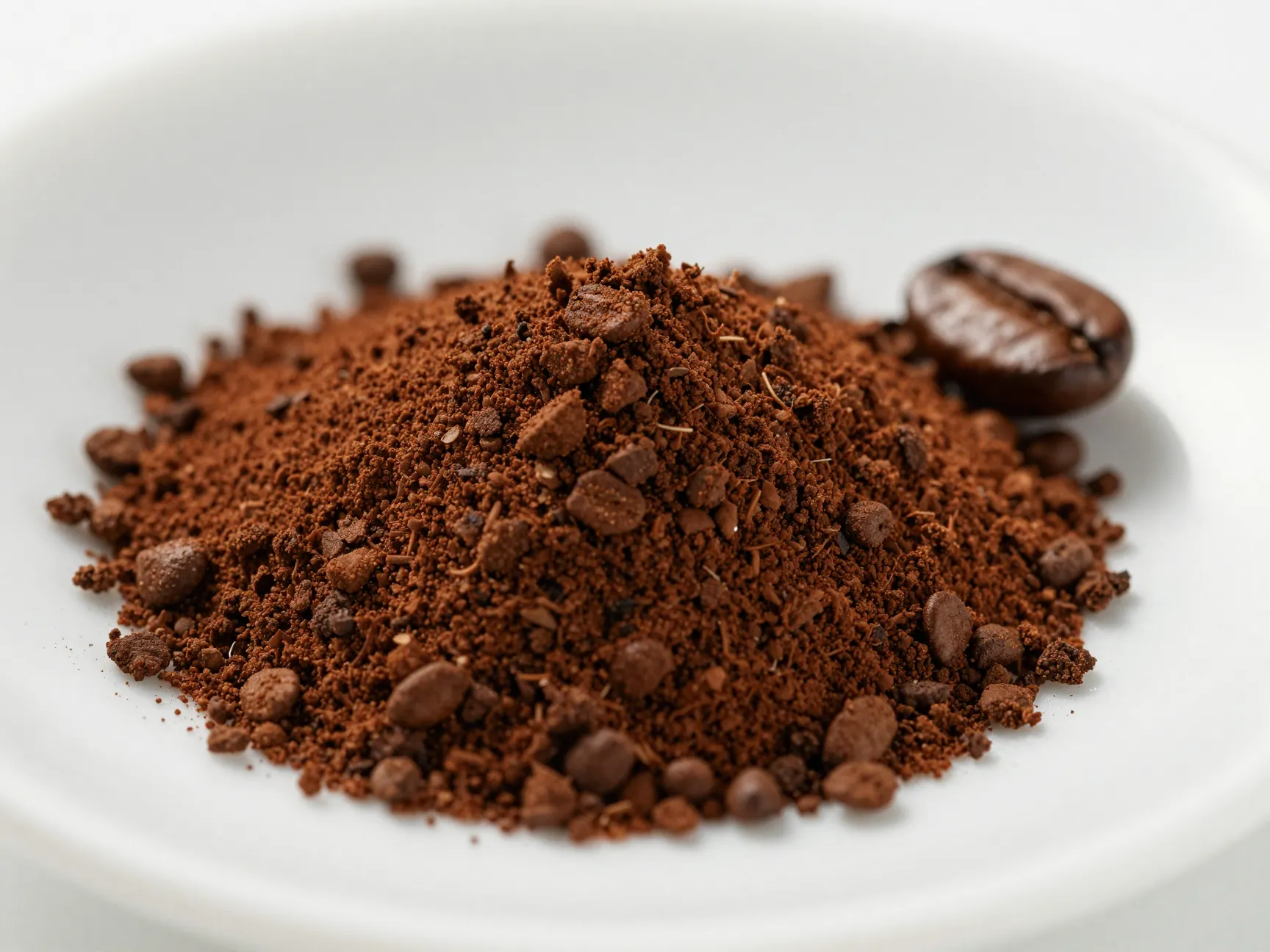 Coarse ground coffee resembling sea salt on a white ceramic dish