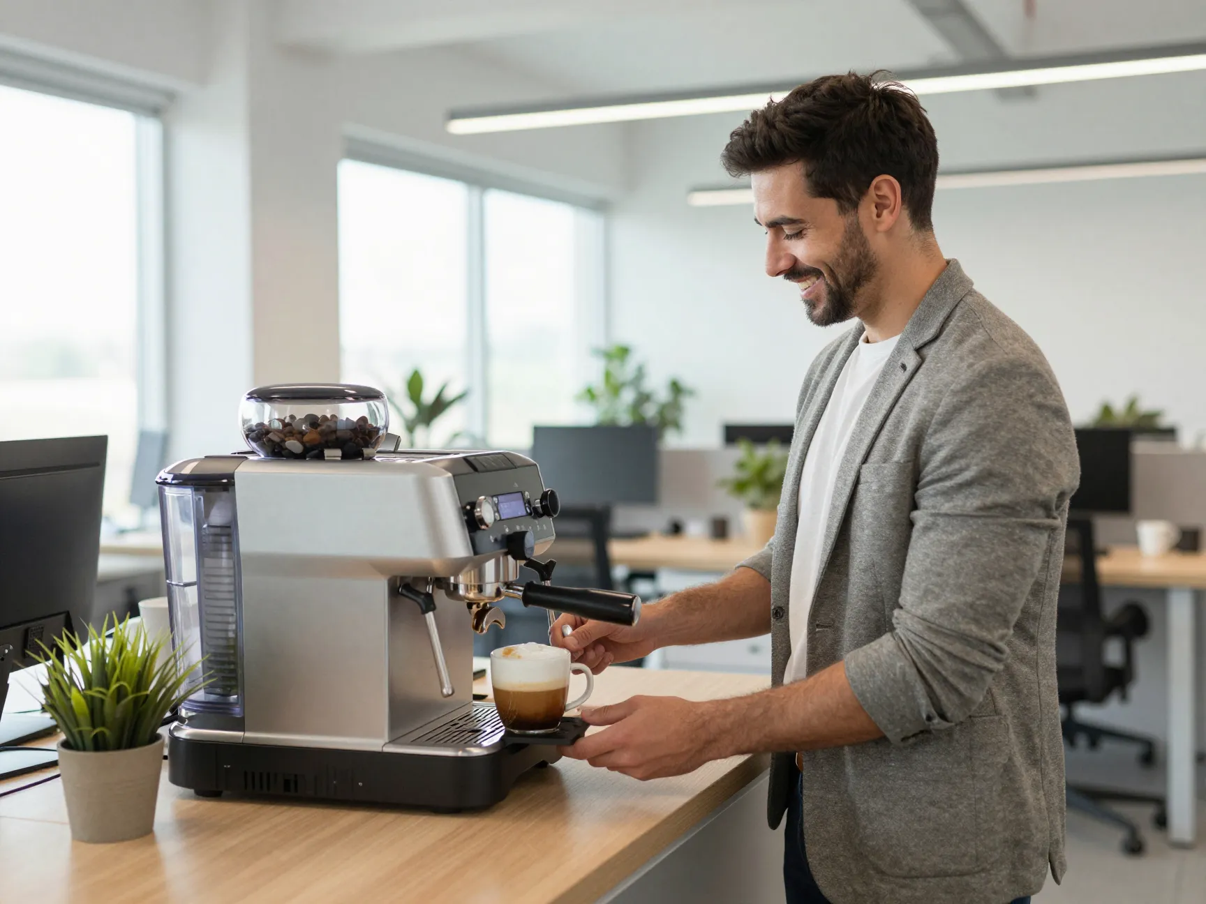 Employee smiling at office espresso machine avoiding coffee run
