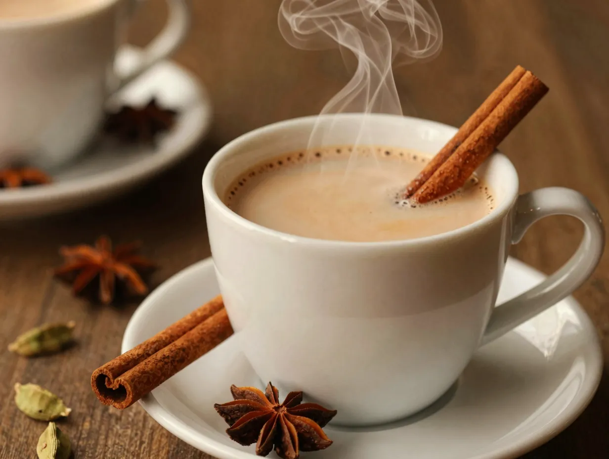 Warm spiced chai tea latte with cinnamon stick in cozy ambiance