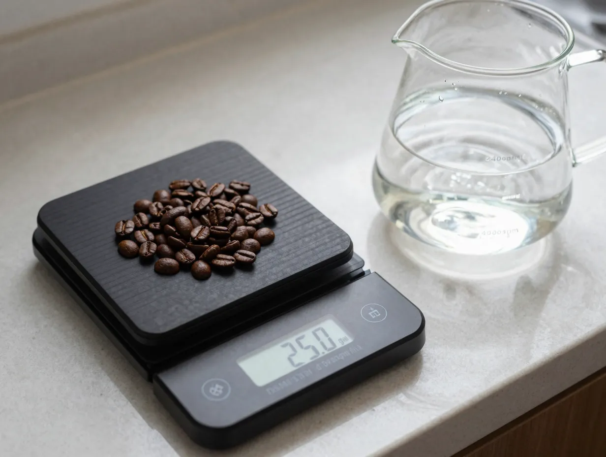 Digital kitchen scale measuring coffee beans beside a glass carafe