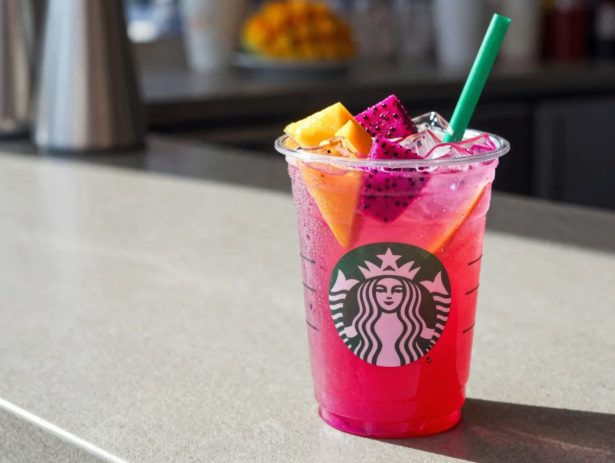 Vibrant mango dragonfruit refresher with real fruit pieces in clear cup