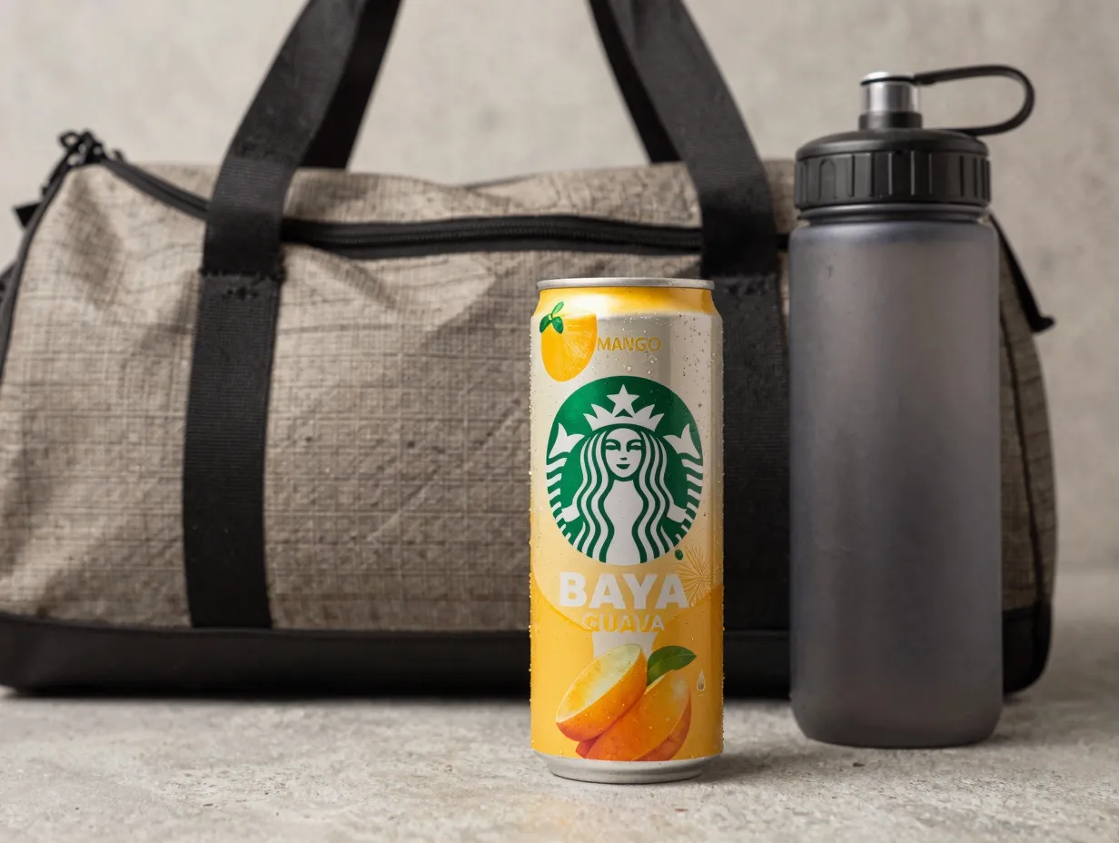 Canned baya energy drink in mango guava flavor on gym bag