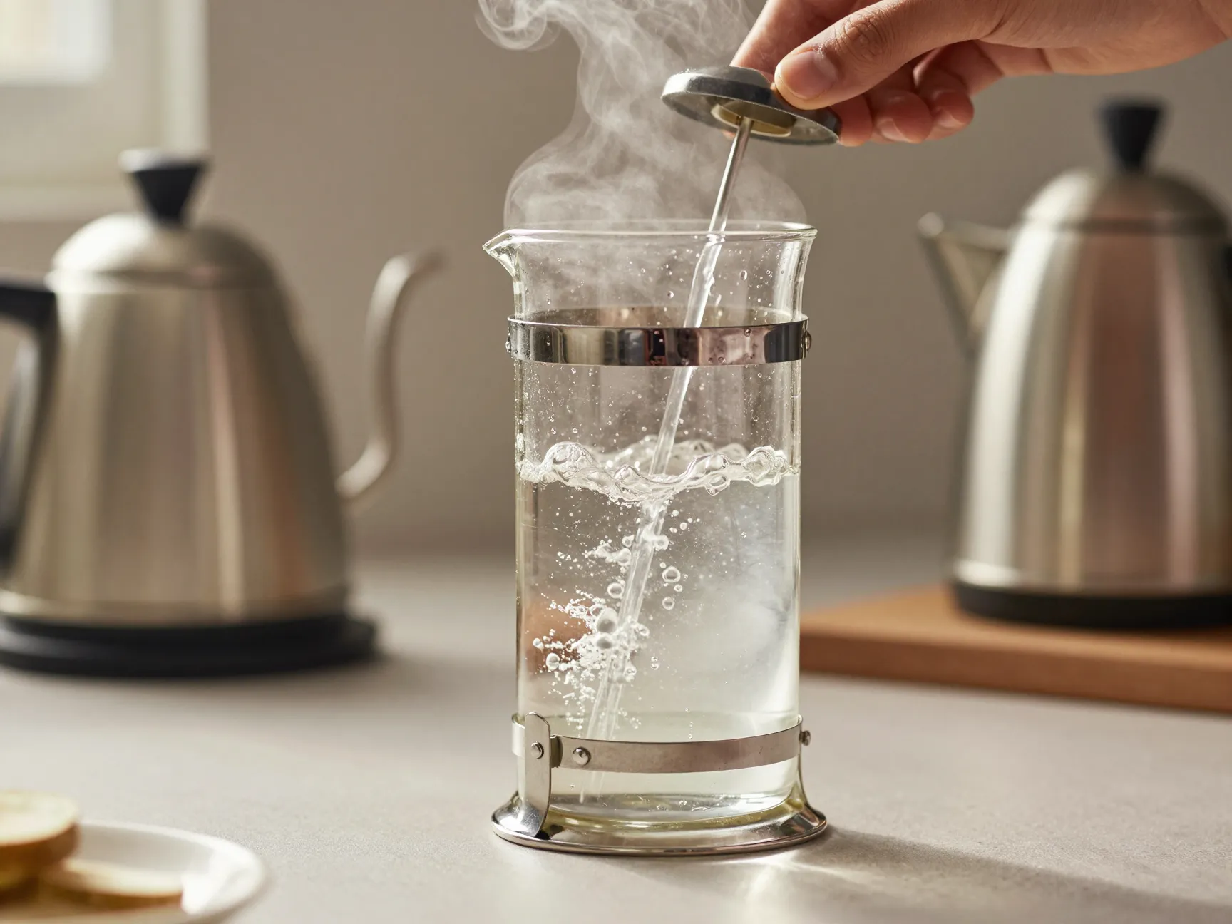 Hot water being swirled inside an empty glass french press