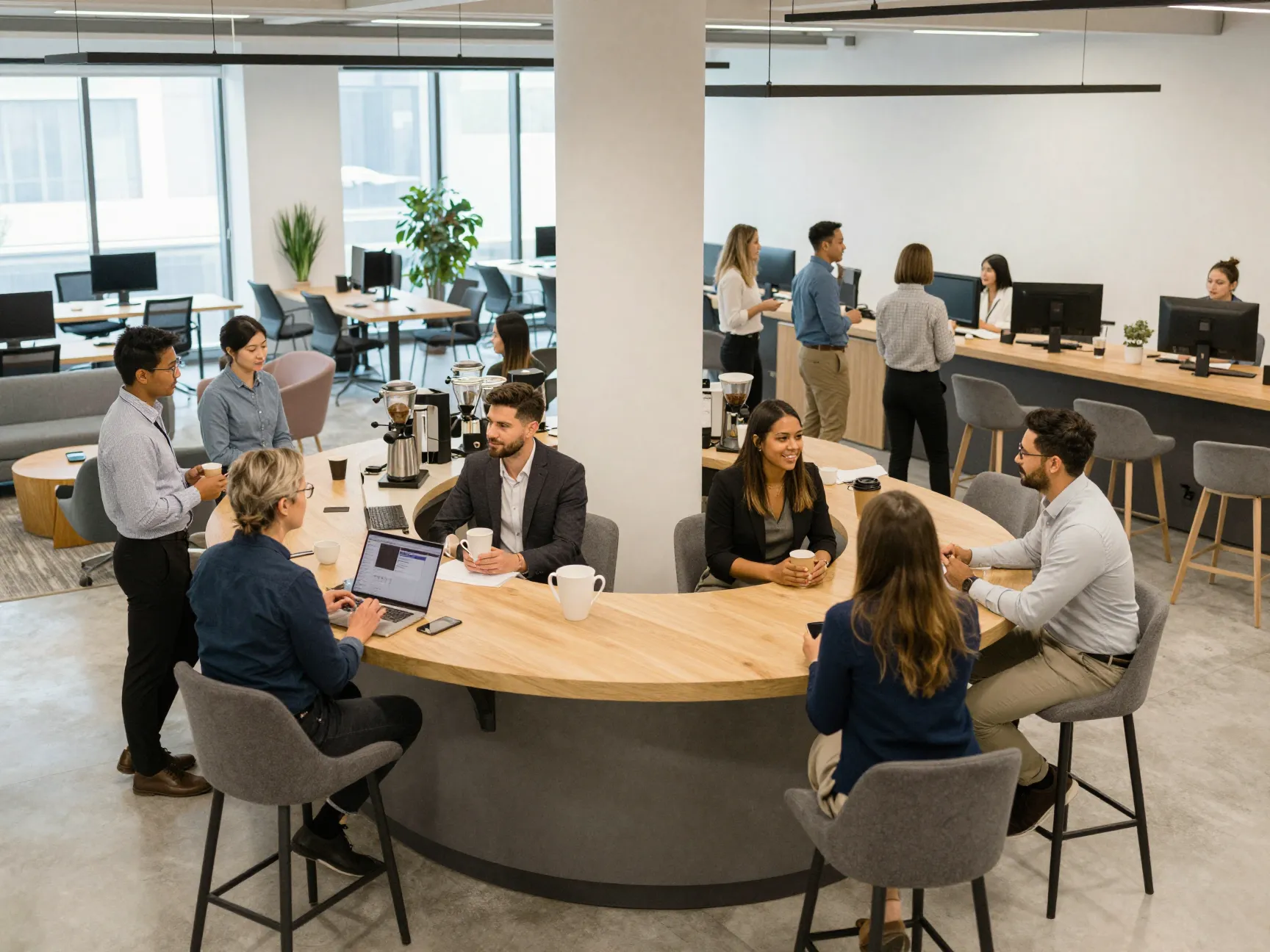 People from different departments mingling at shared coffee bar