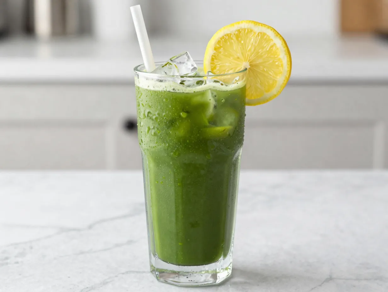 Iced matcha lemonade with citrus slice in a tall clear glass