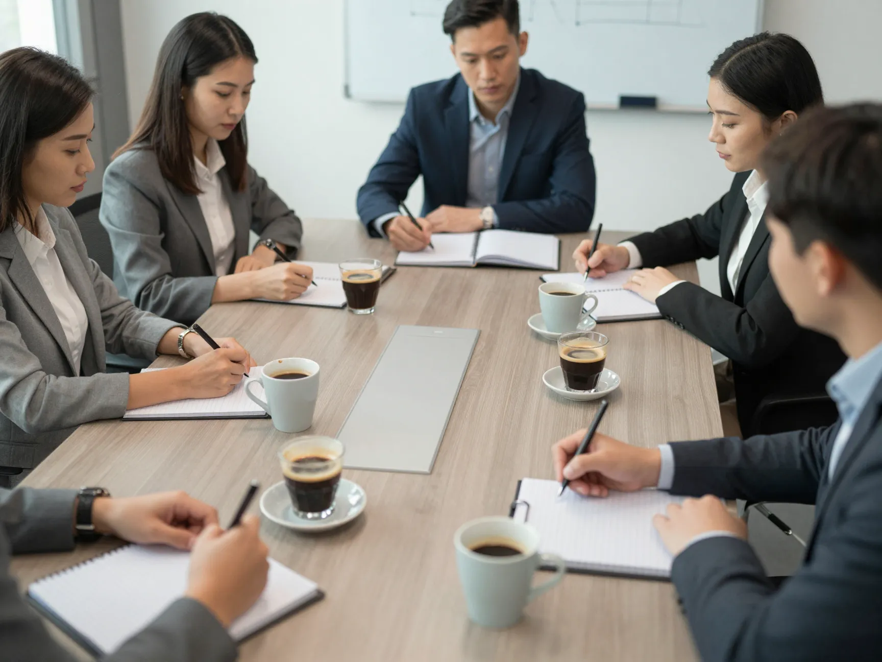 Meeting participants engaged with notepads and coffee cups