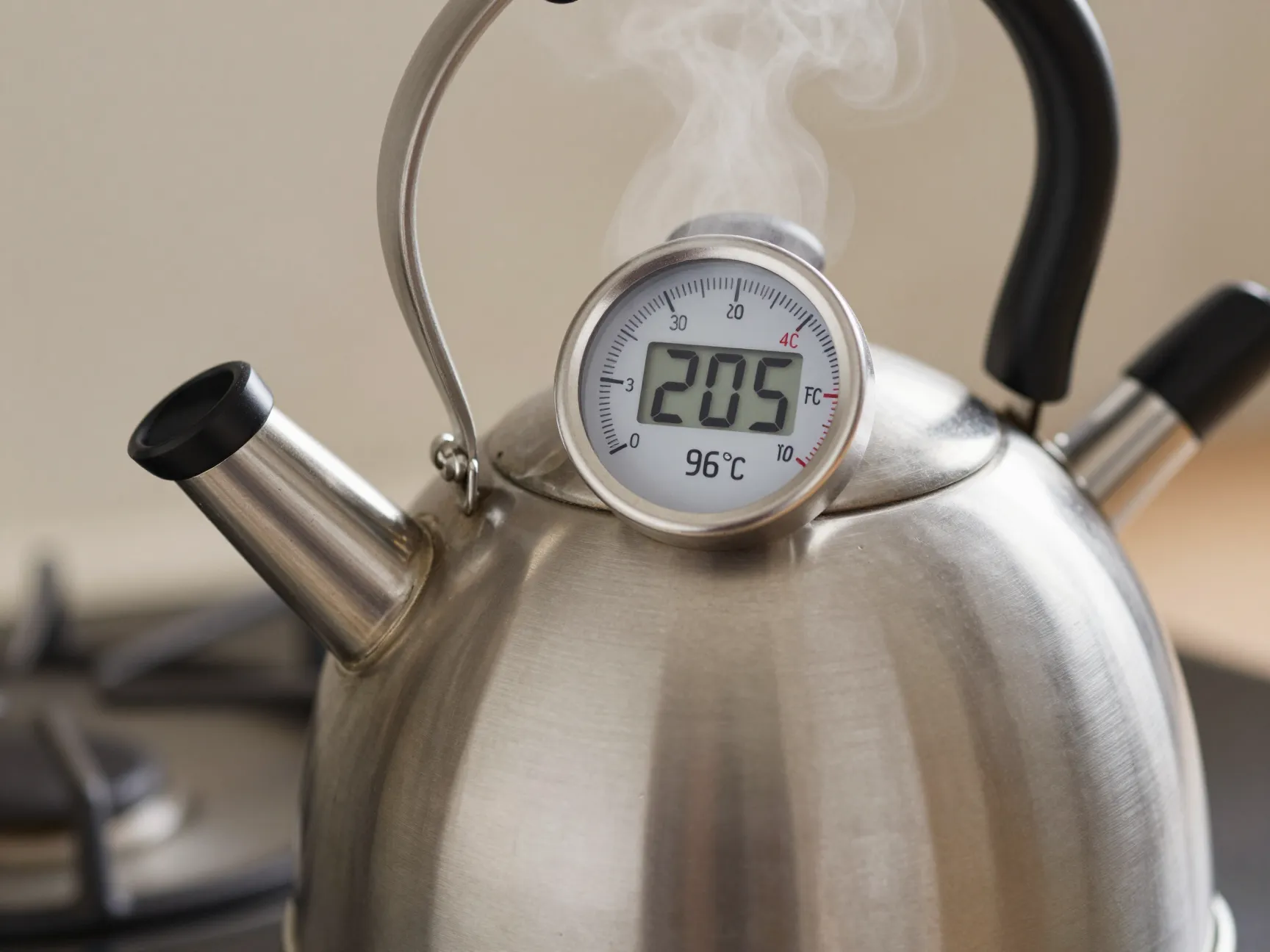 Steaming kettle with a digital thermometer reading 205 degrees fahrenheit