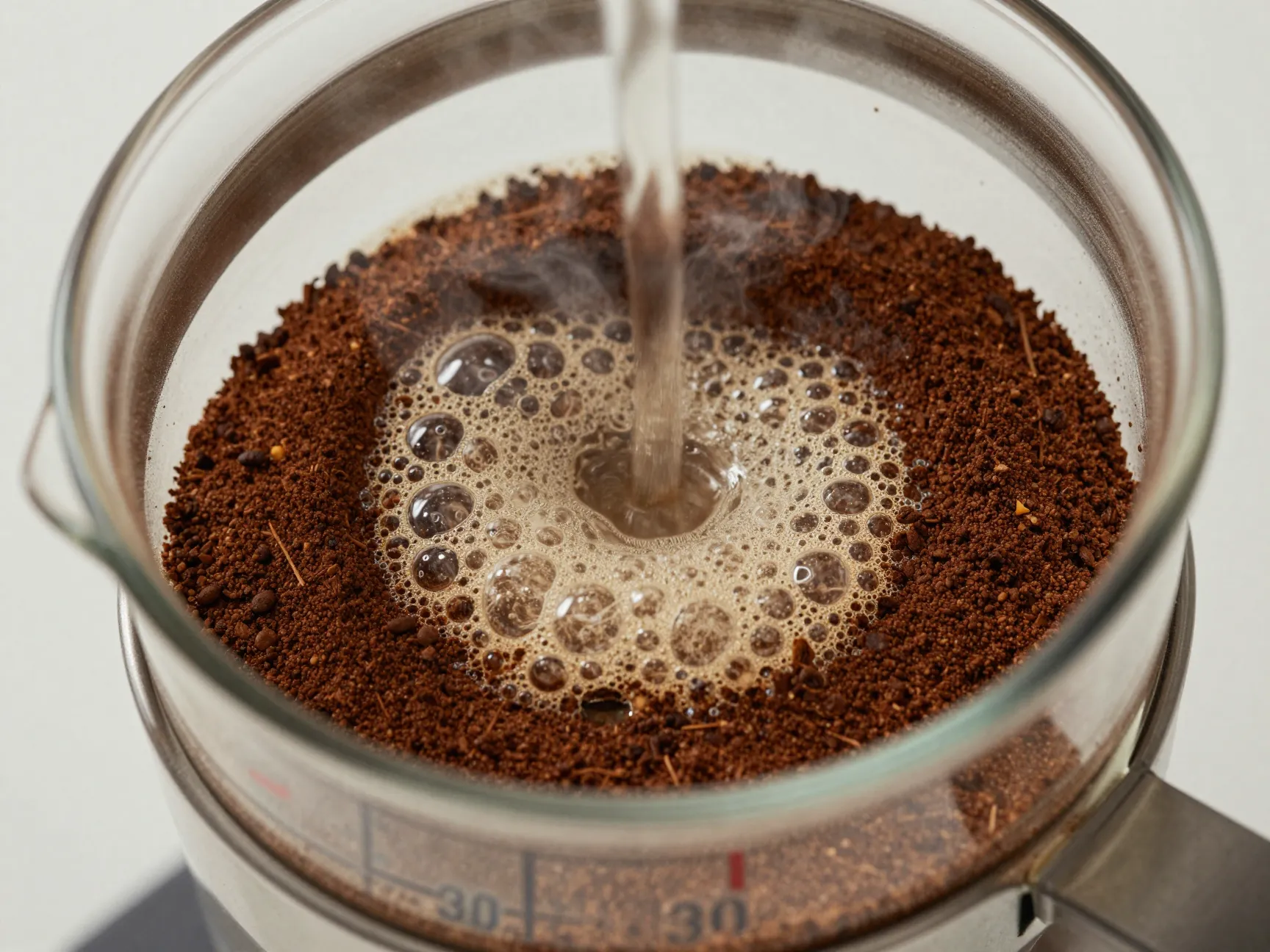 Coffee grounds puffing up during the bloom phase in a french press