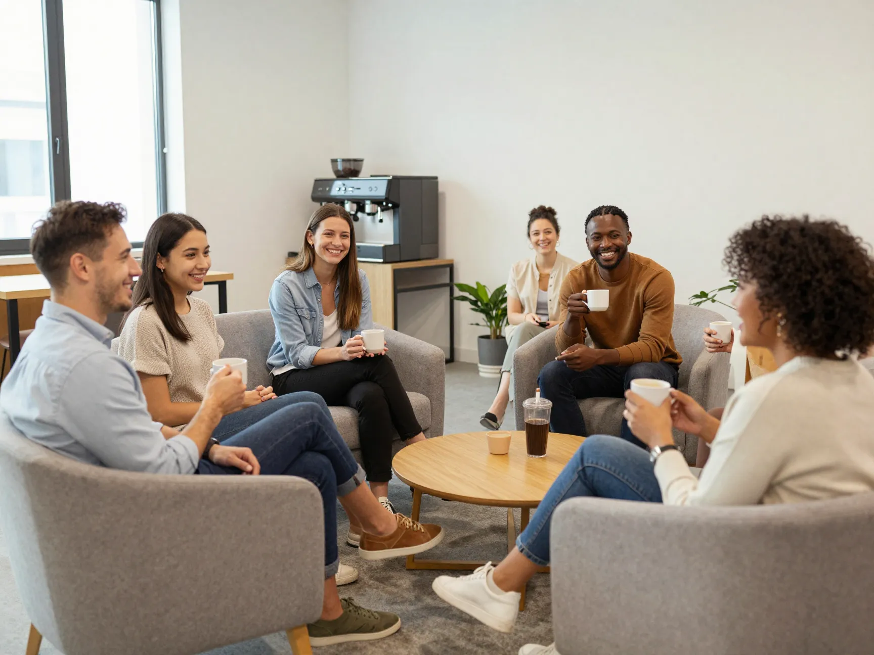 Group of diverse employees smiling in bright comfortable lounge