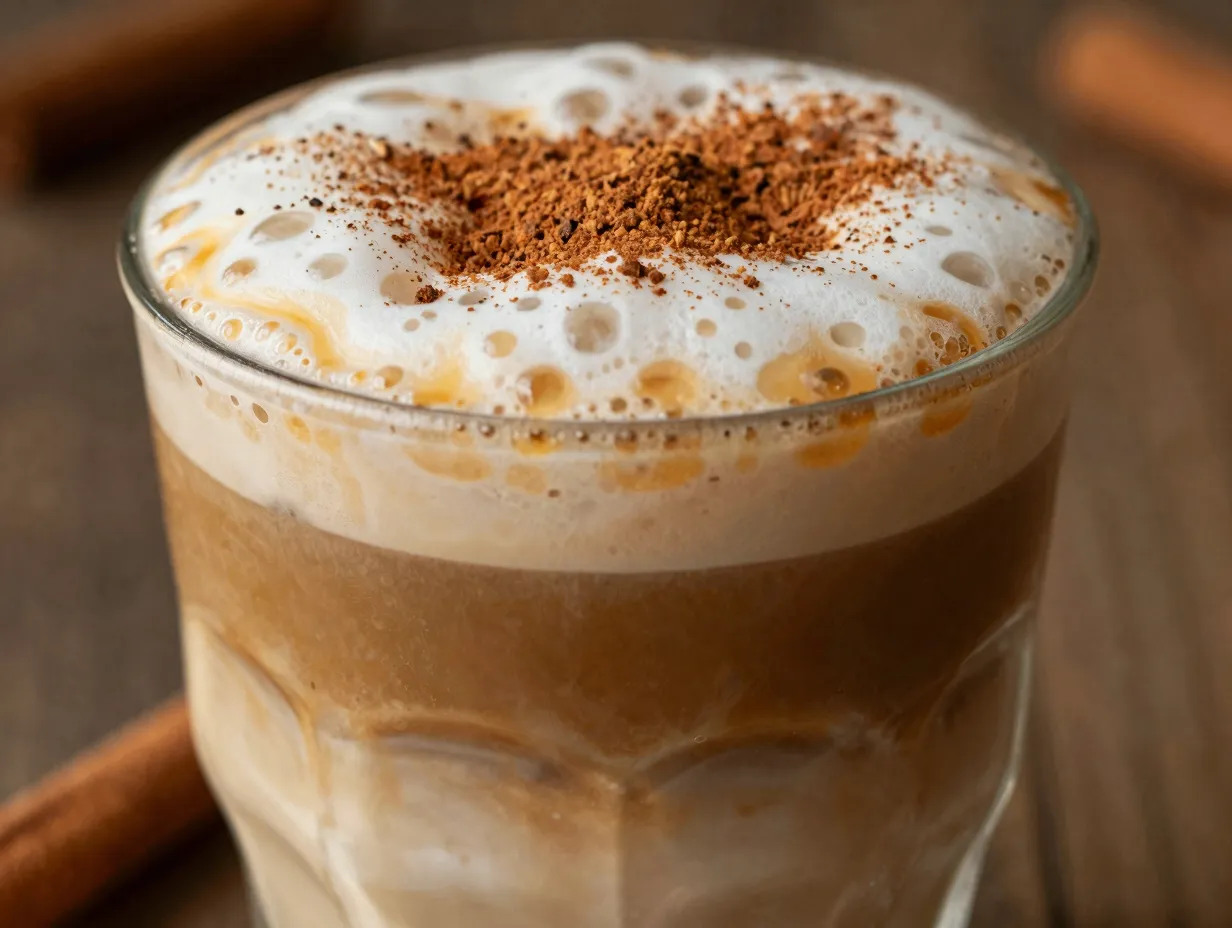 Iced brown sugar oat shaken espresso with cinnamon in glass