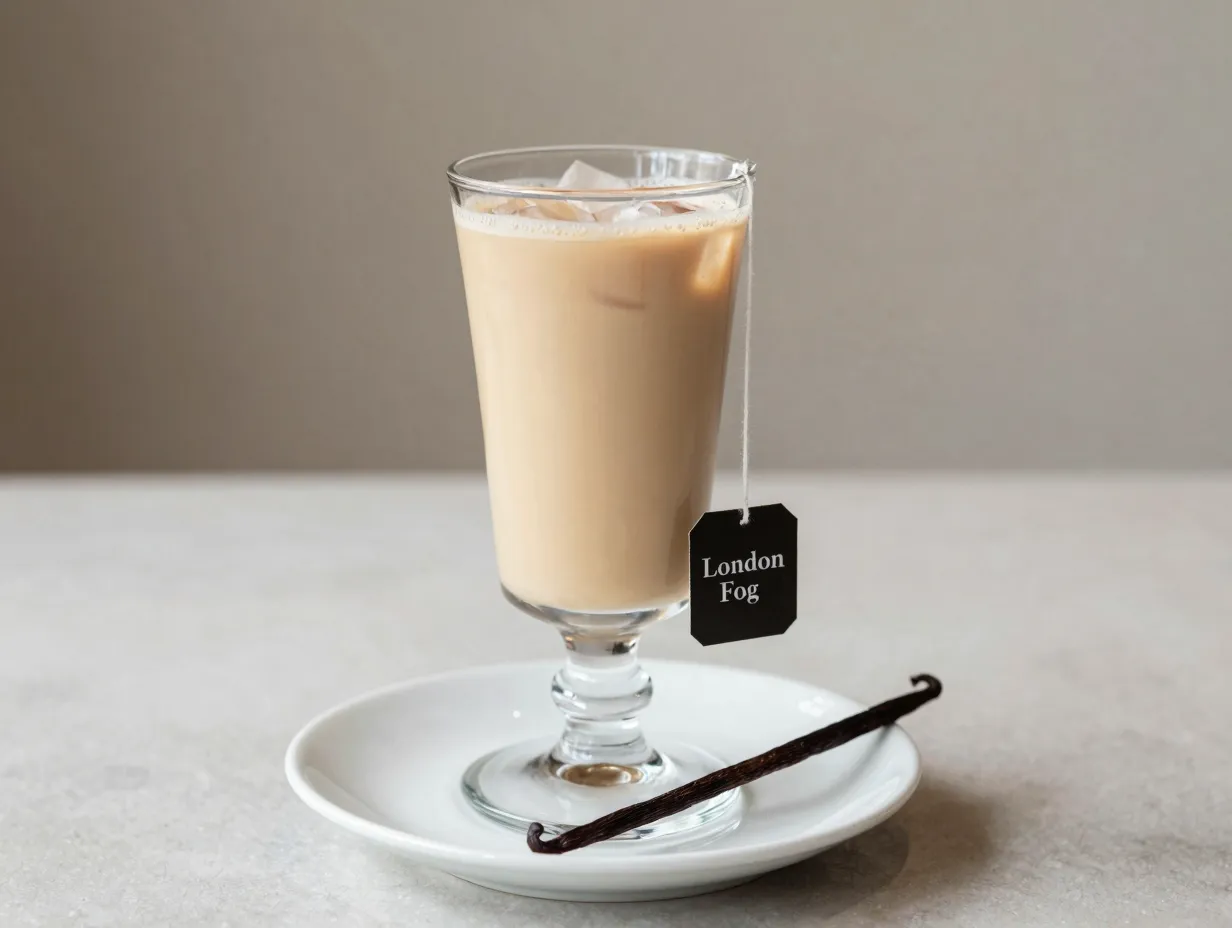 Iced london fog tea latte with bergamot aroma in elegant glass