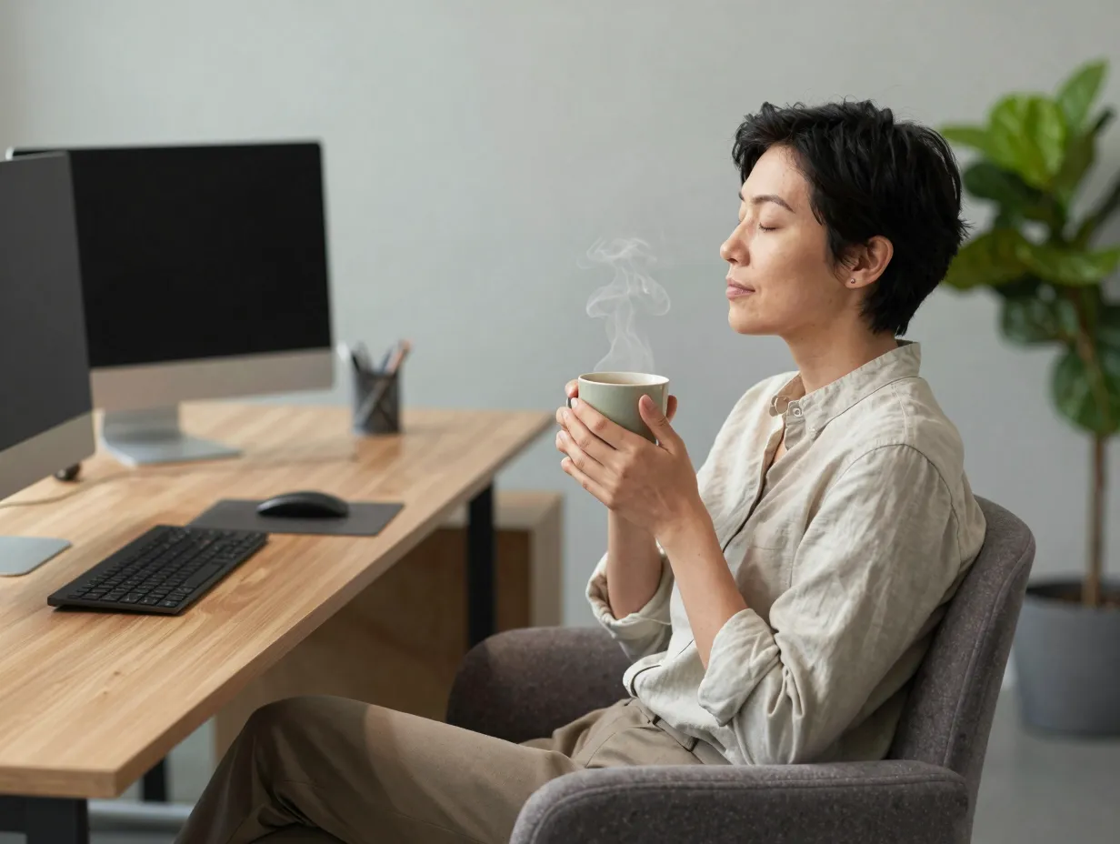 Person taking mindful micro break with coffee away from desk