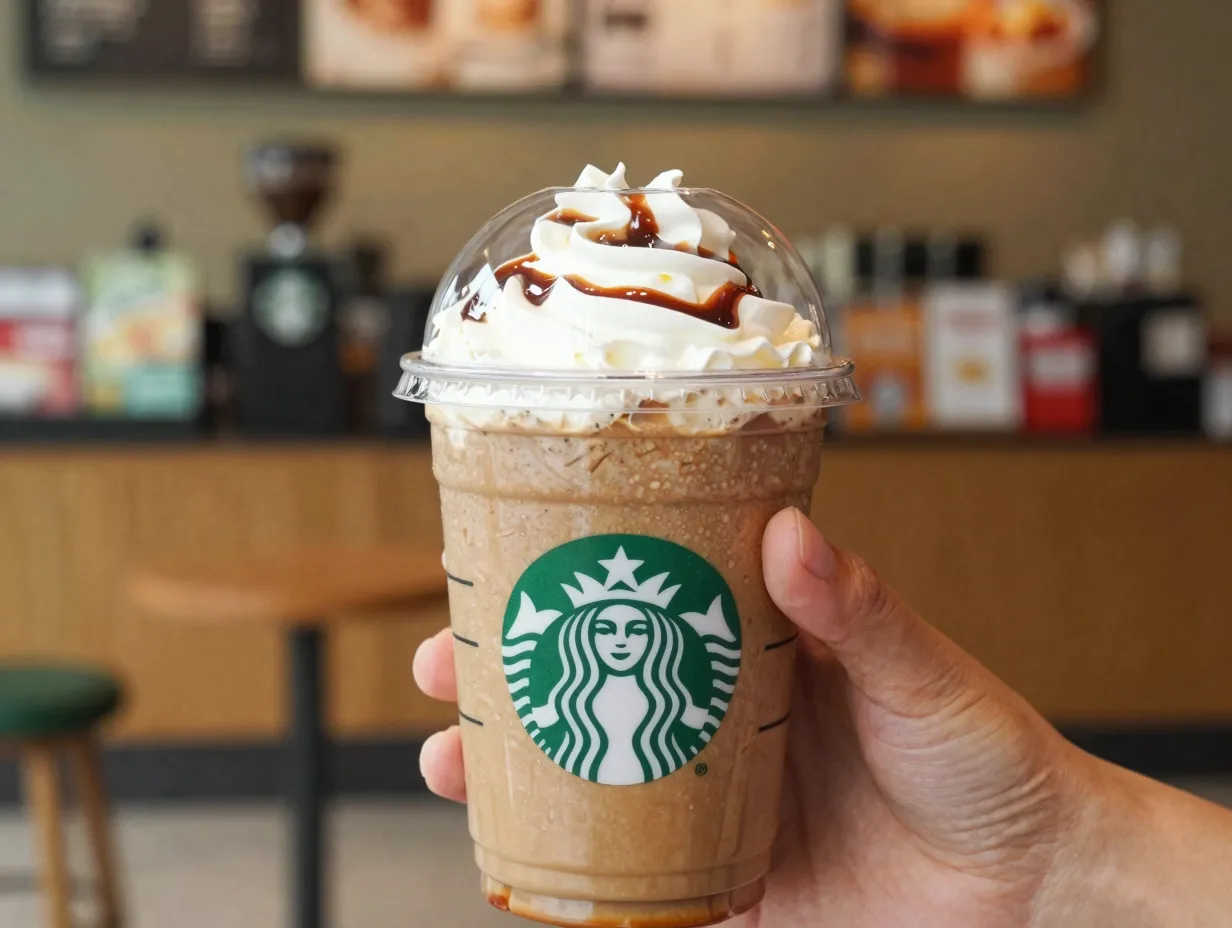 Blended espresso frappuccino with whipped cream in starbucks cup
