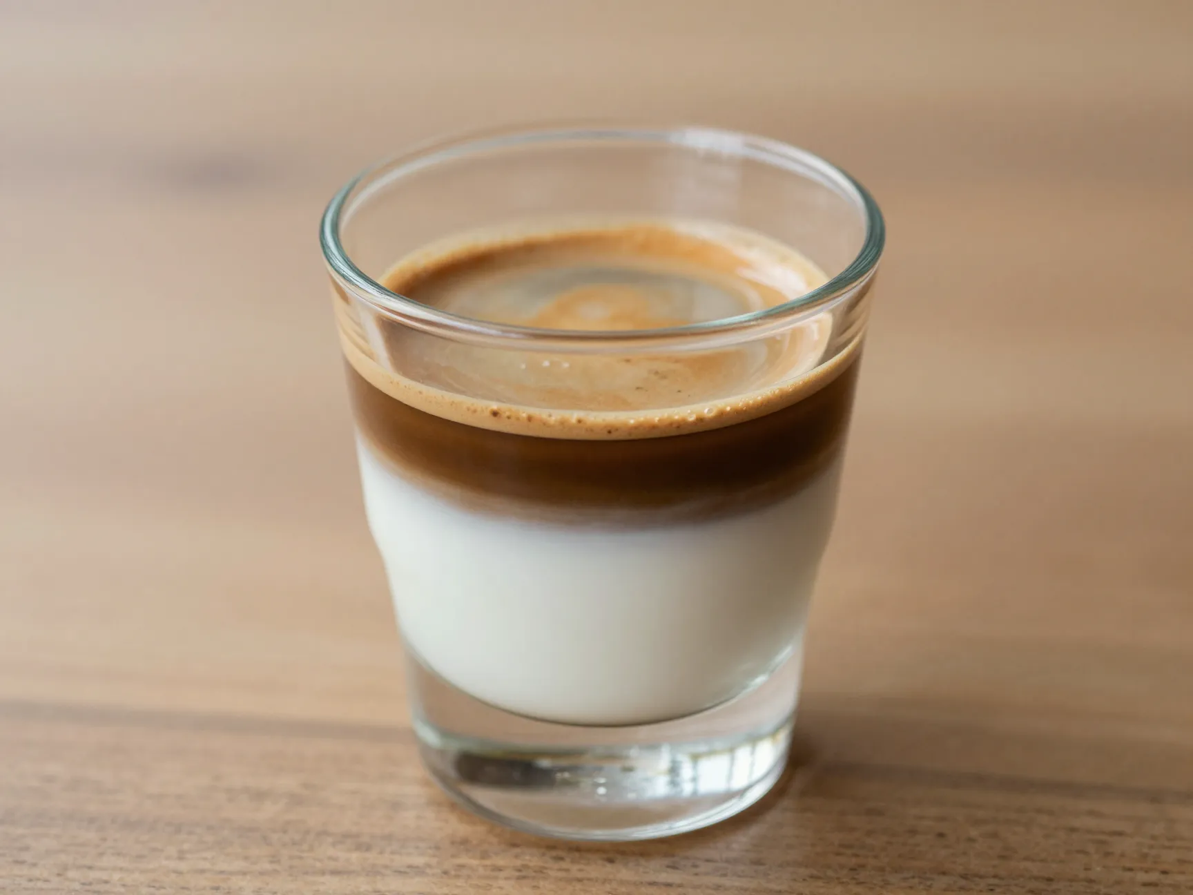 Cortado with equal parts espresso and warm milk in small glass