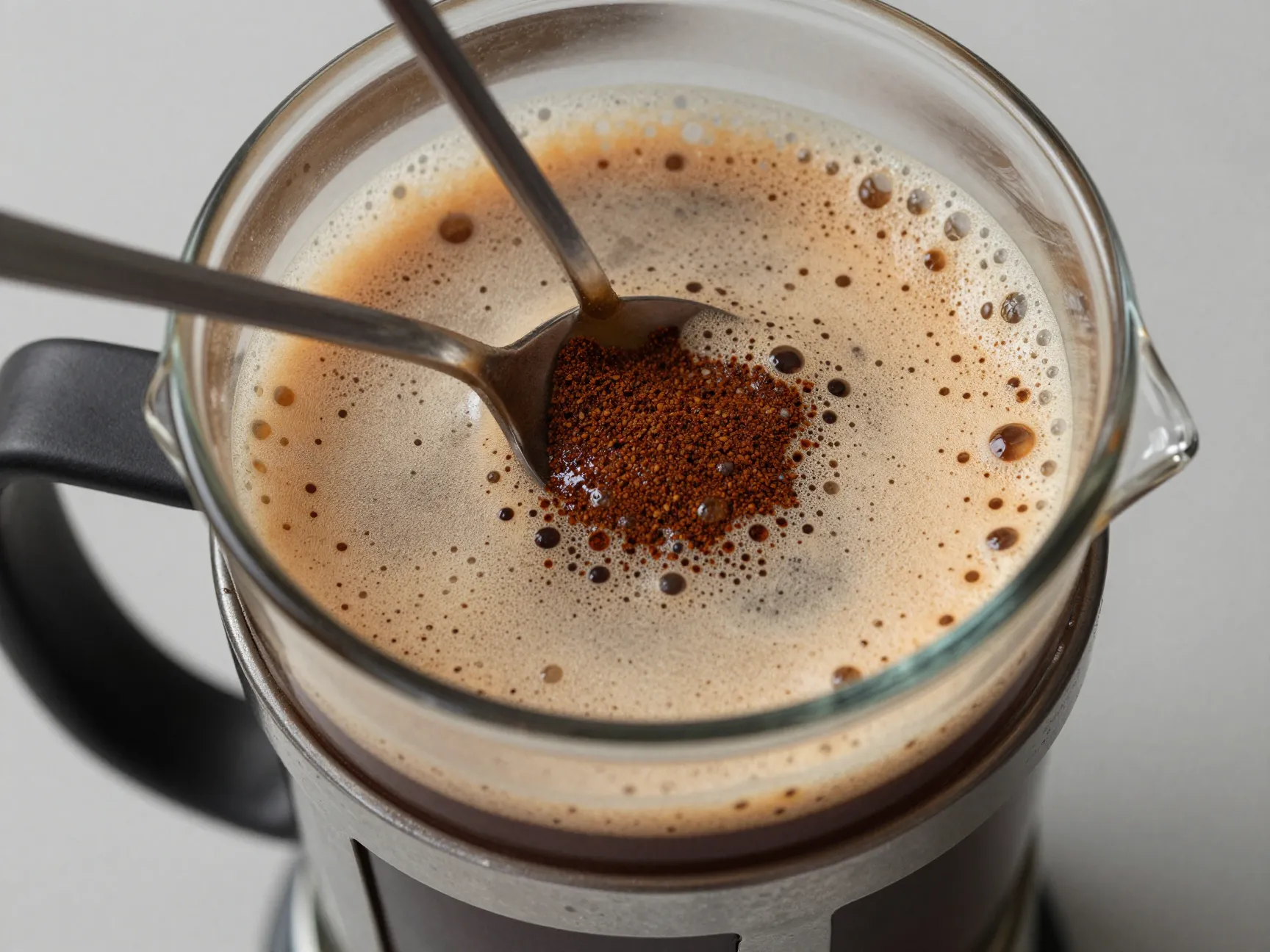 French press with a crust of foam and grounds after five minute steep