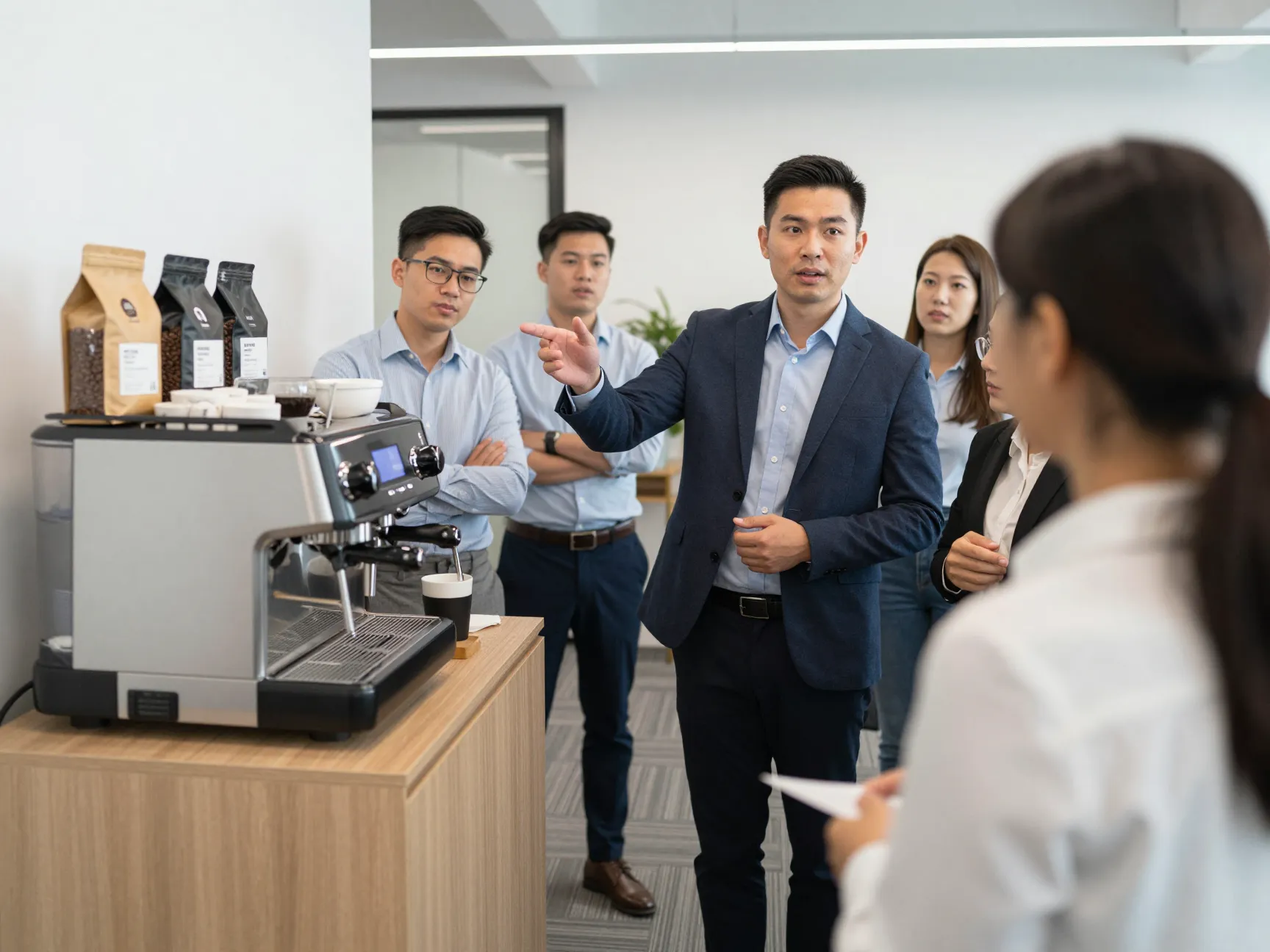 Job candidate impressed during office tour at coffee station