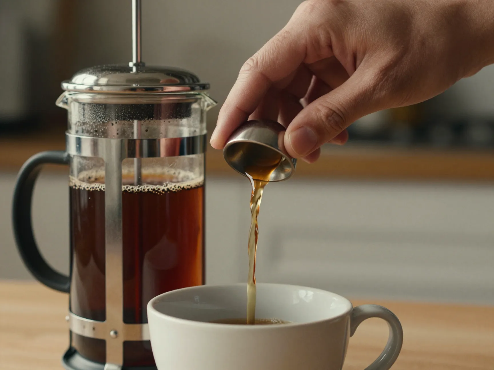 Hand slowly pressing plunger on a full french press over a mug