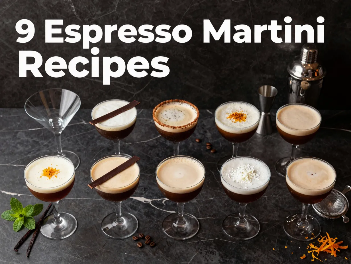 Nine unique espresso martini cocktails aerial flat lay display