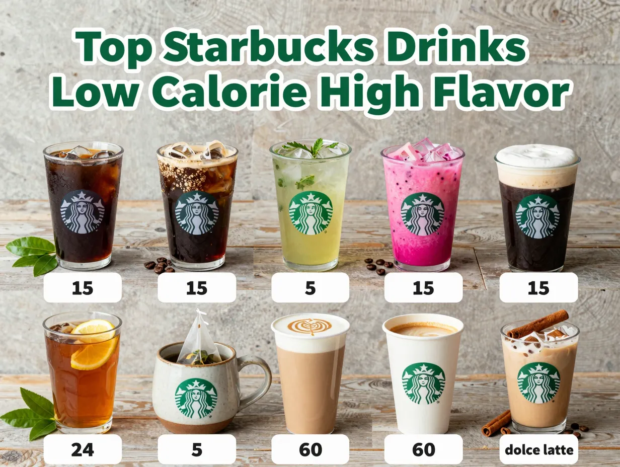 Starbucks nine low calorie flavorful drinks flat lay grid wooden background