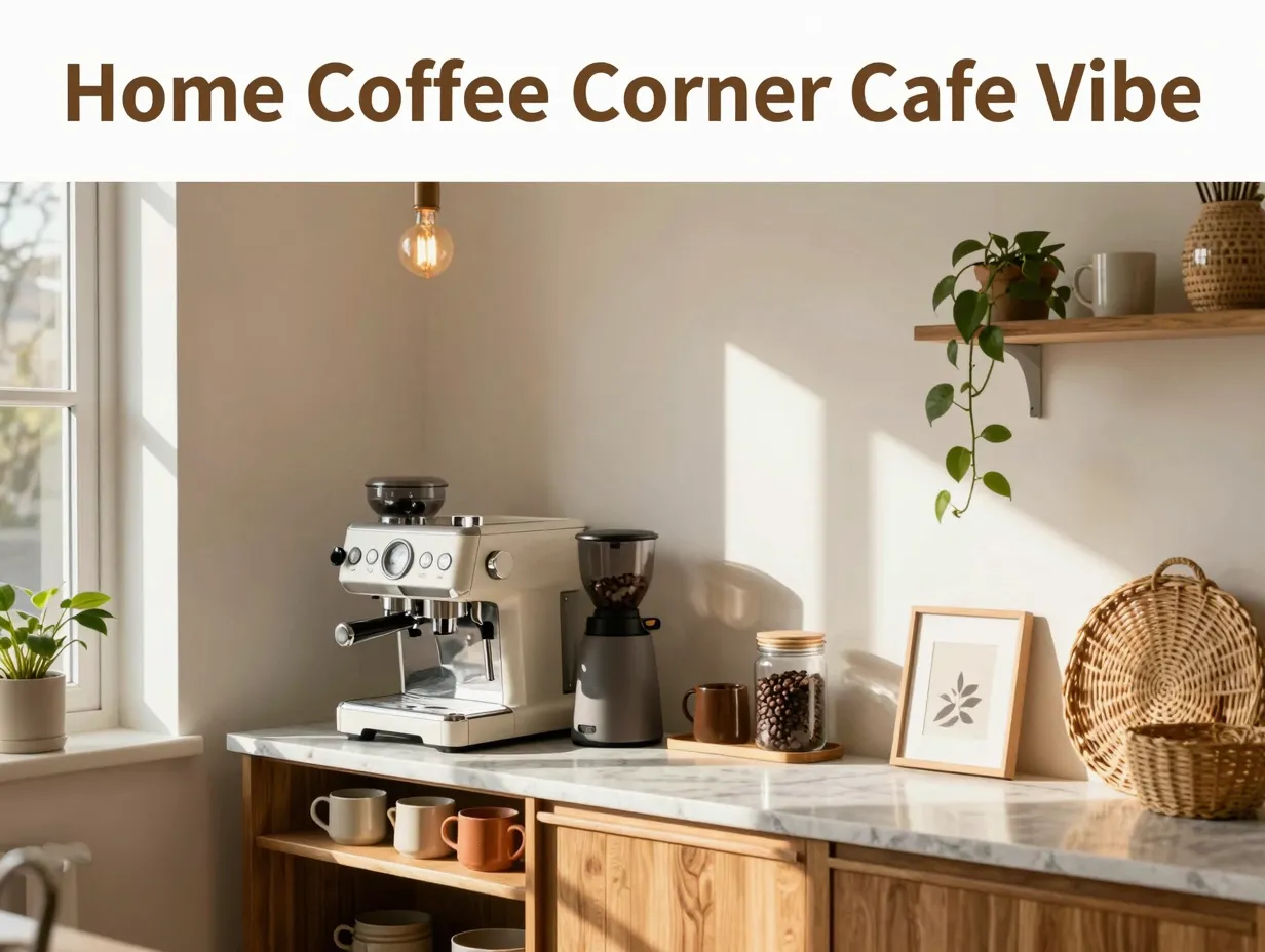 Sunlit home coffee corner with bar cart espresso and plants