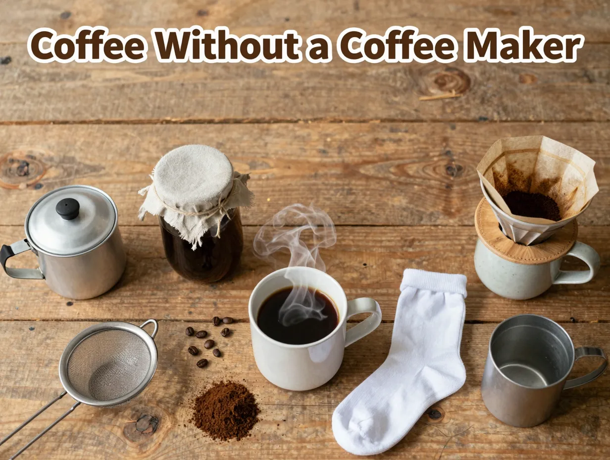 Wooden surface top down flat lay survivalist coffee methods