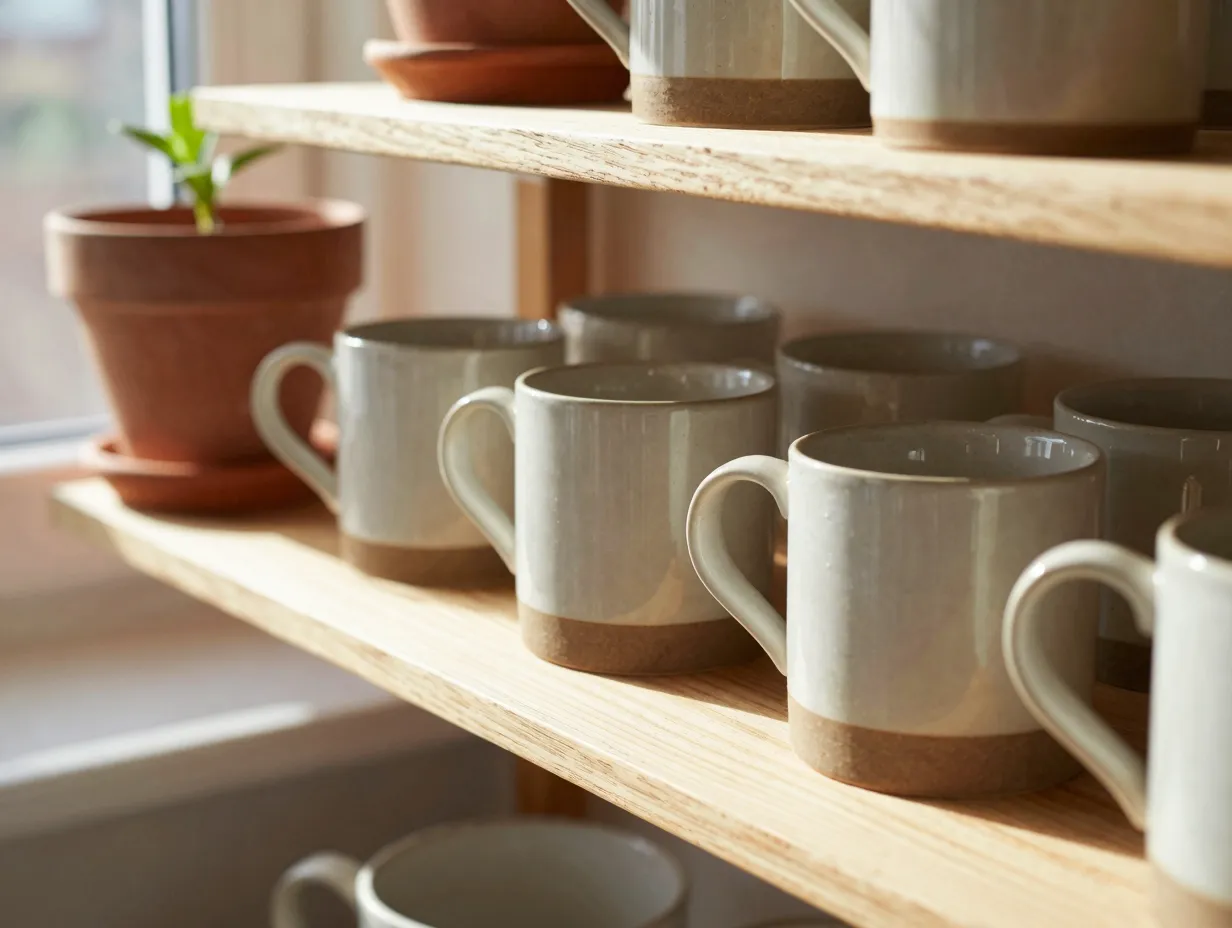 Bright morning sunlight on wooden shelf with ceramic mugs near window