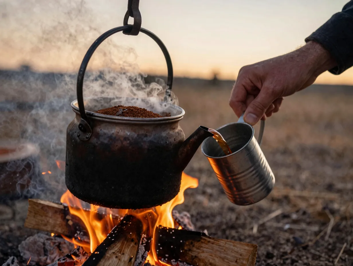 Cowboy coffee over campfire in pot with tin cup