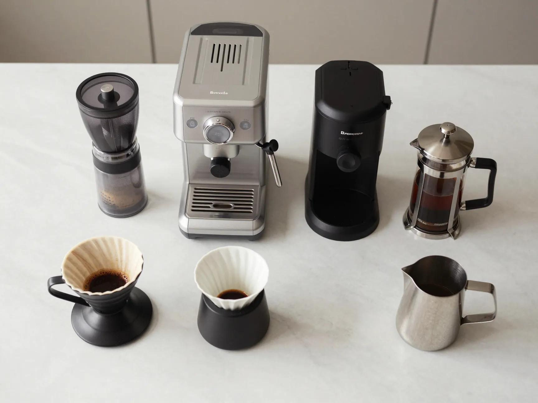 Counter with burr grinder espresso machine french press pour over dripper