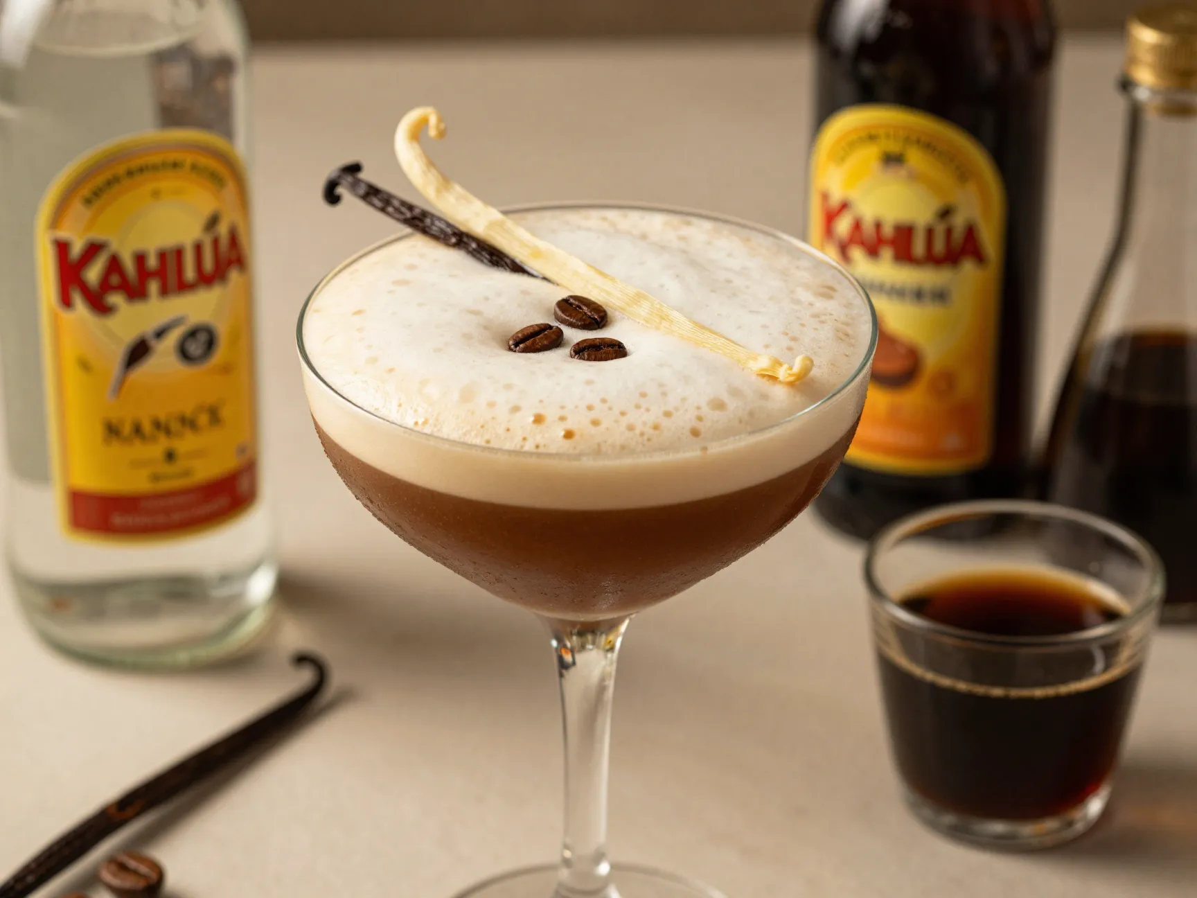 Vanilla espresso martini coupe glass vanilla pod garnish