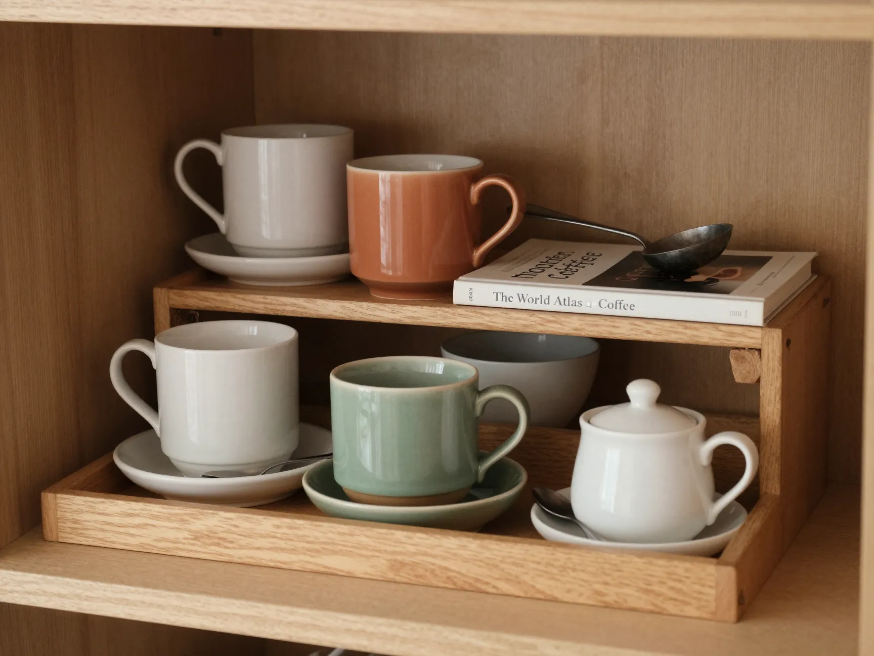Tiered tray with mugs saucers spoons and coffee books on a shelf