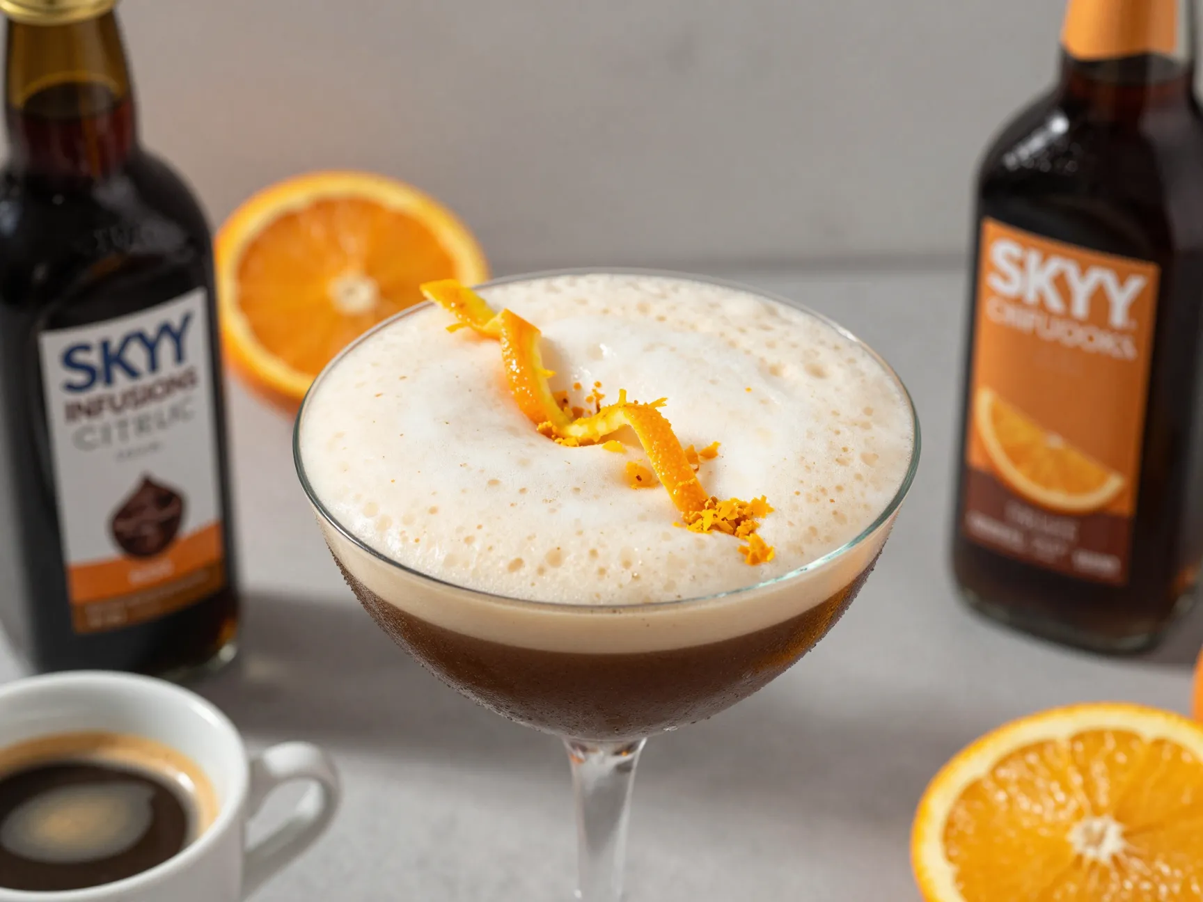 Chocolate orange espresso martini orange zest garnish foam