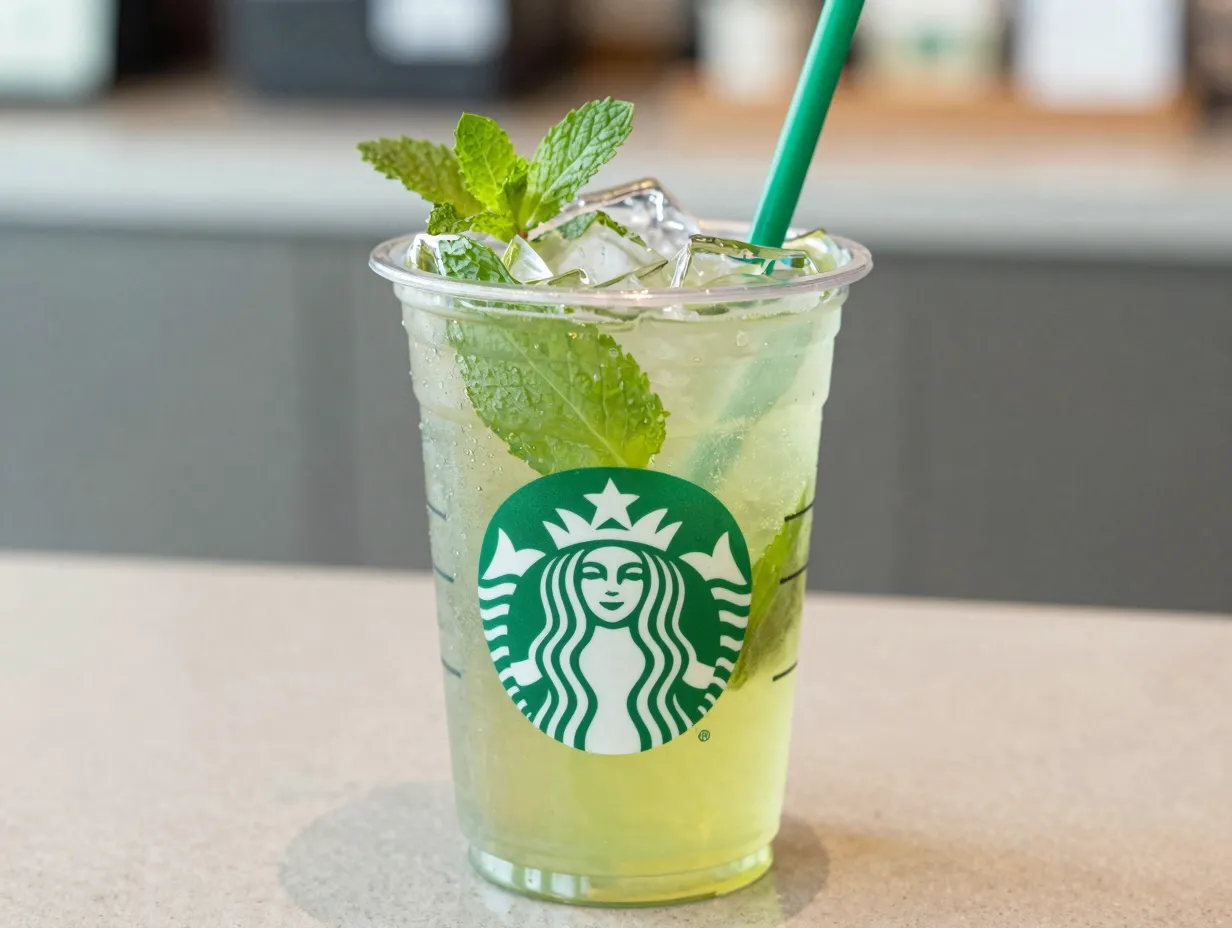 Starbucks iced green tea with mint leaves and ice