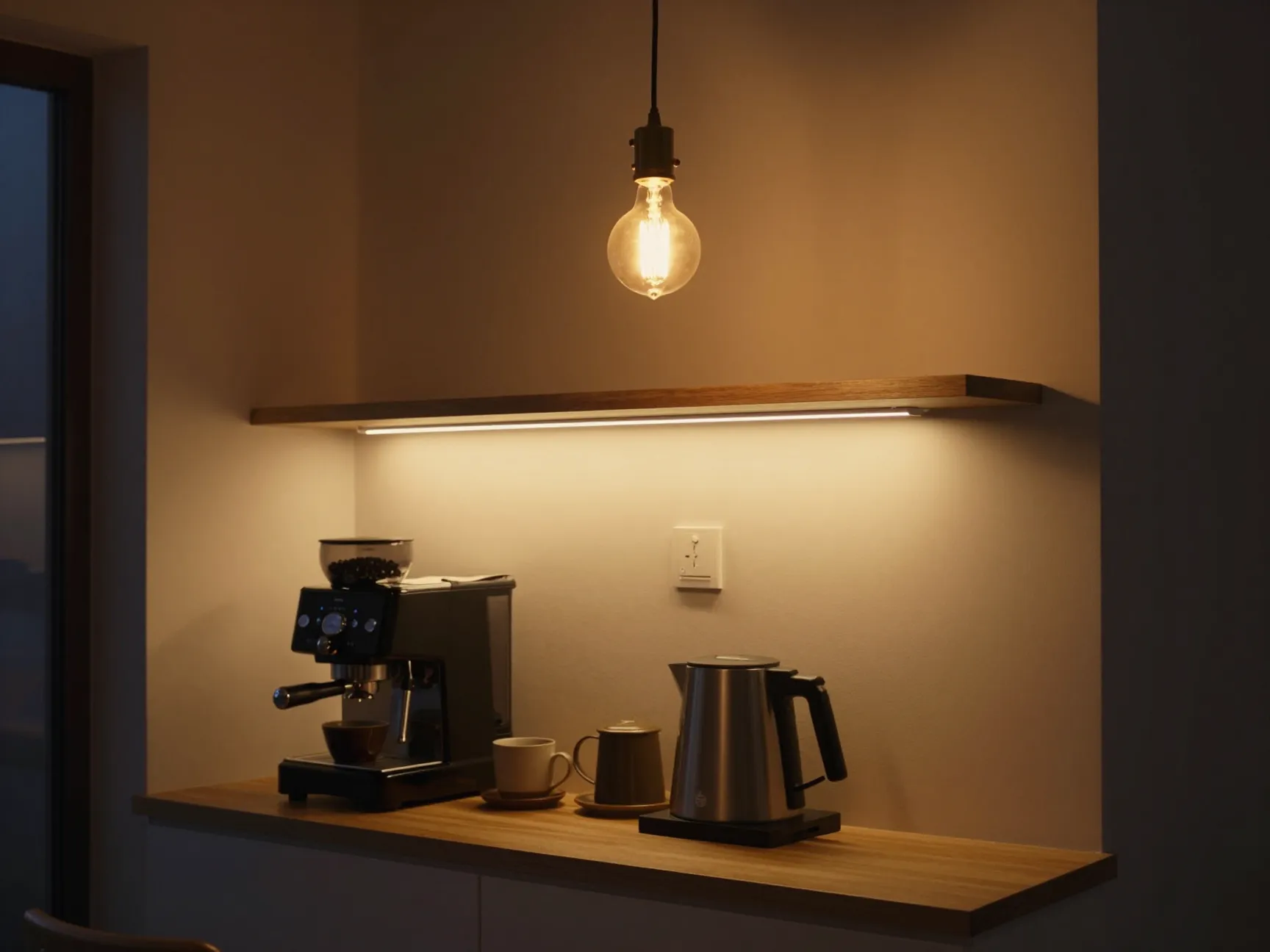 Warm pendant light and under shelf led strip illuminating coffee station