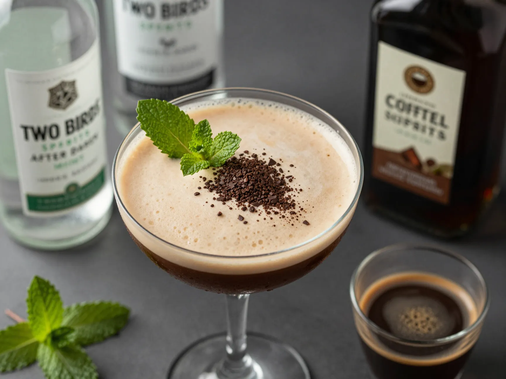 Mint chocolate espresso martini mint leaf chocolate garnish