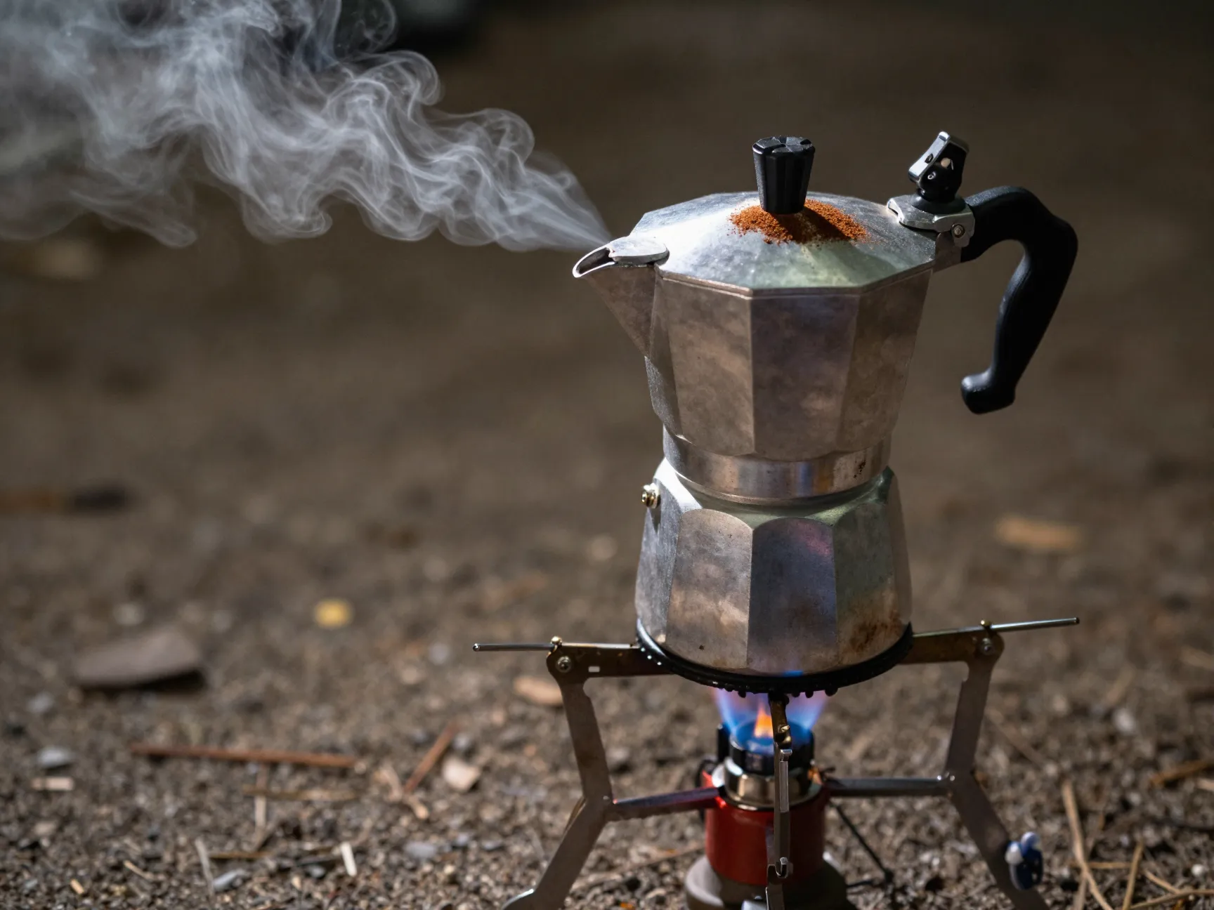 Stovetop moka pot brewing espresso on portable camp stove