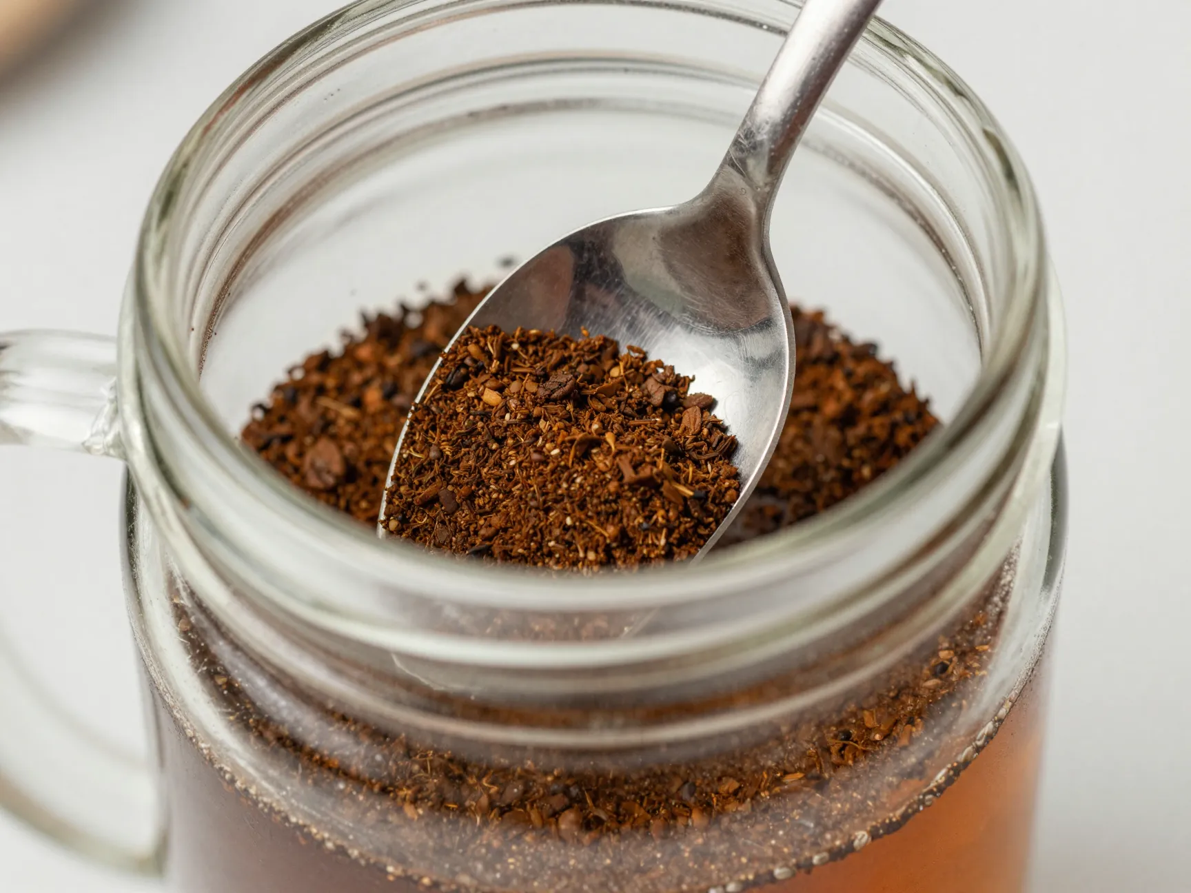 Glass jar french press hack with spoon pressing grounds
