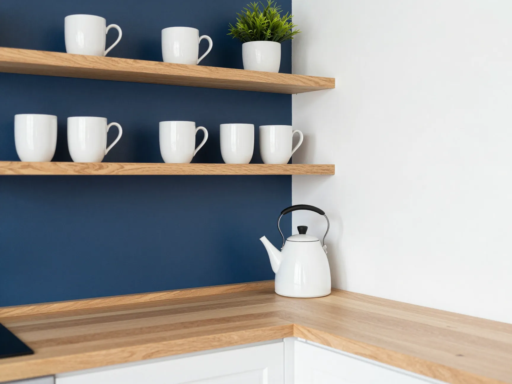 Navy white and natural wood color scheme for coastal clean coffee corner