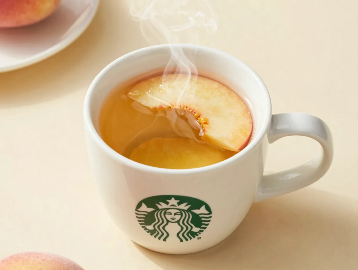 Starbucks peach tranquility tea with peach slices in a mug