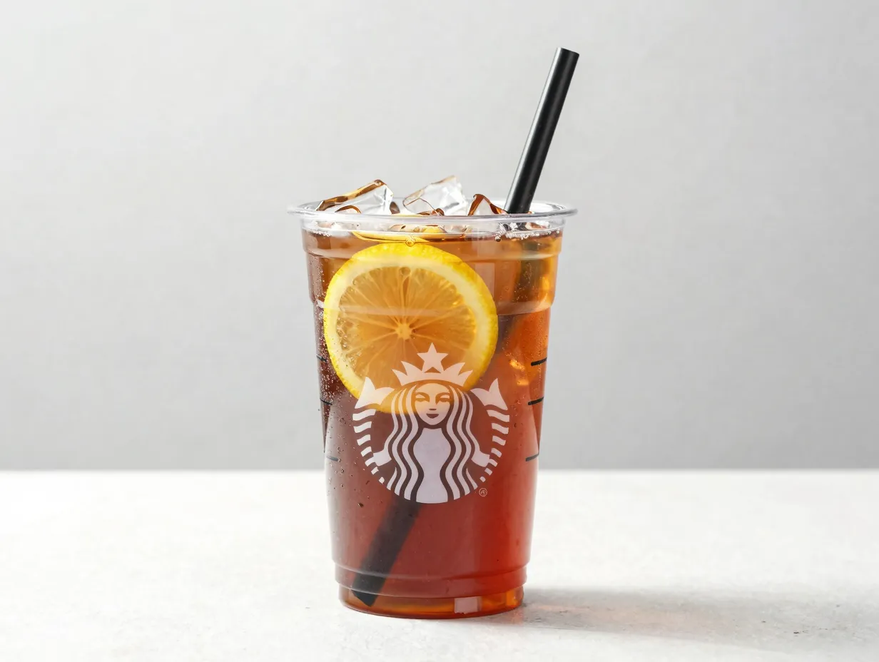 Starbucks iced black tea with lemon slices in a clear cup
