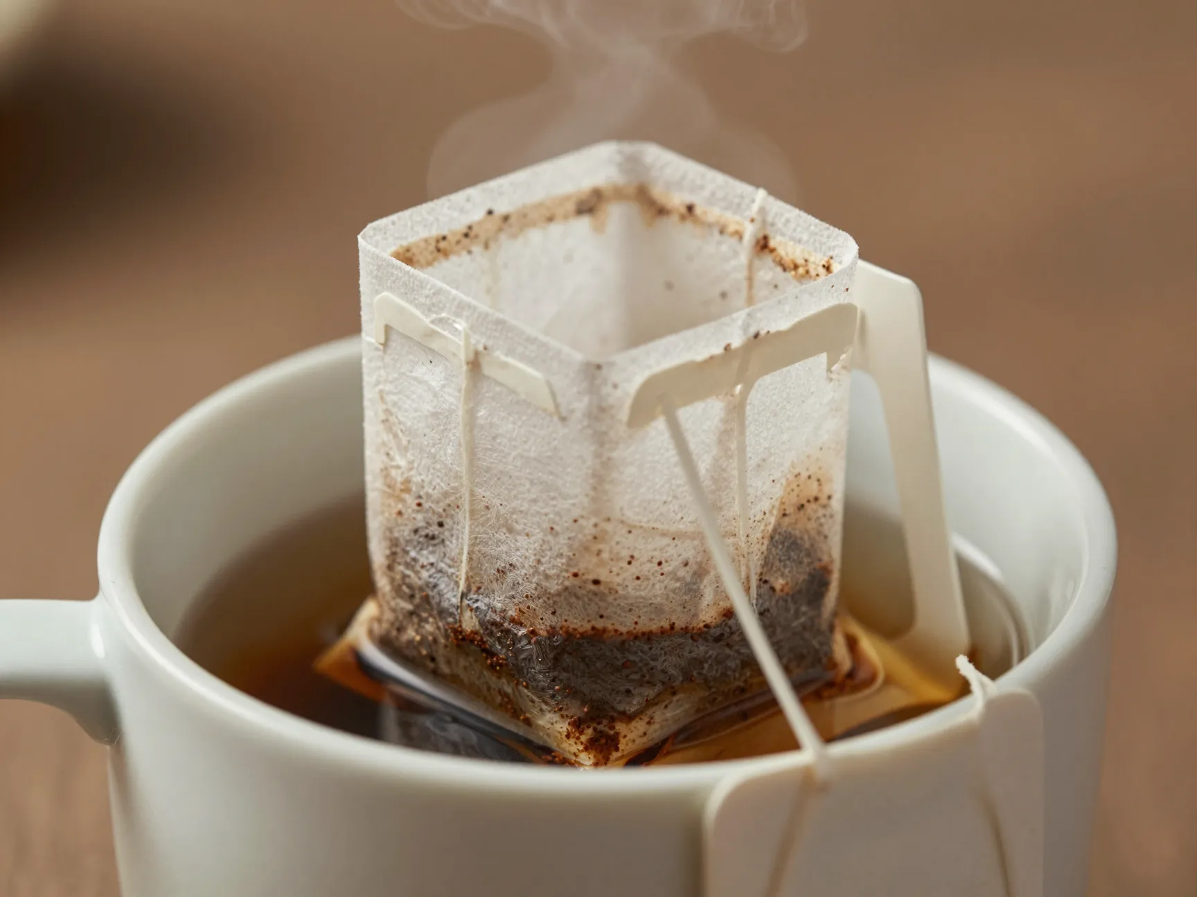 Makeshift coffee bag sachet steeping in mug like tea bag