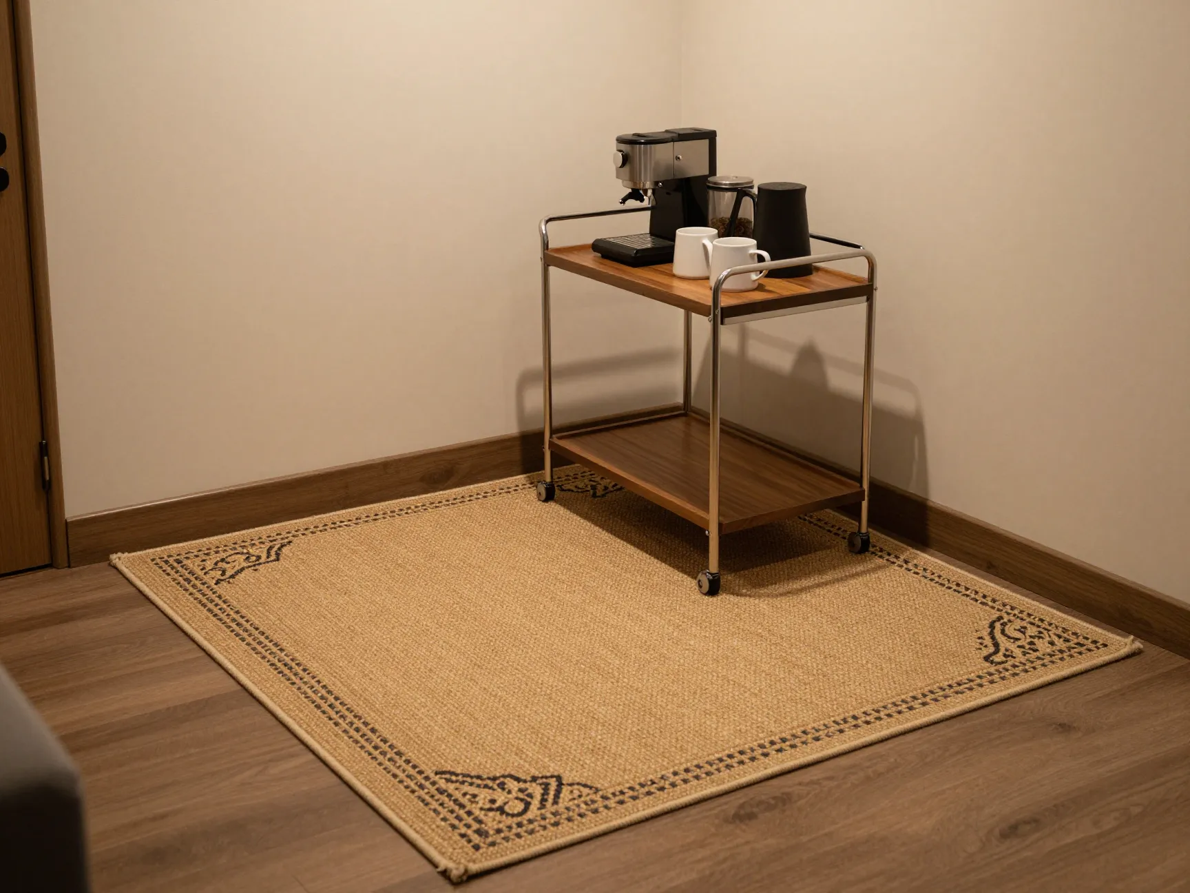 Small area rug and bar cart defining dedicated coffee corner zone