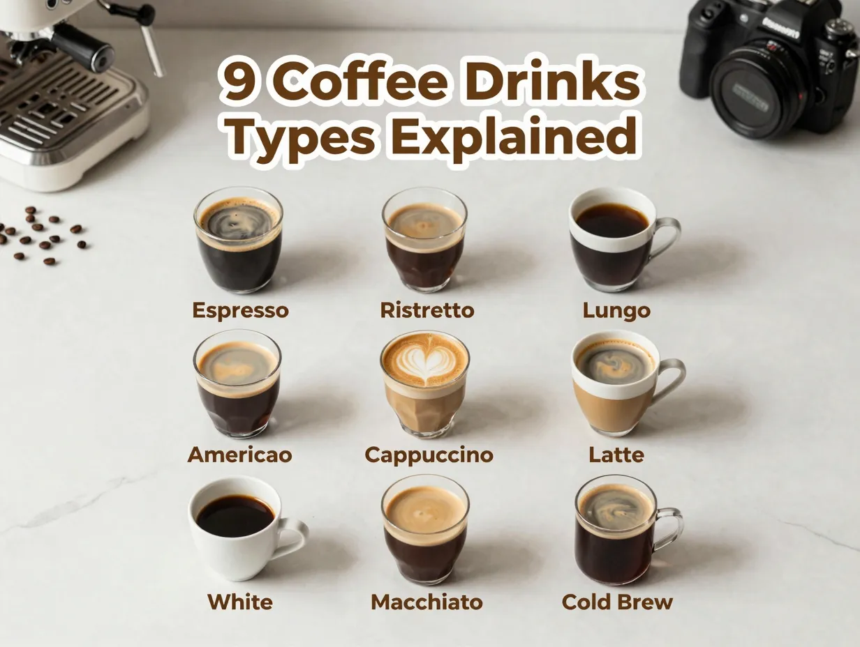 Nine coffee cup types grid espresso latte cappuccino ristretto americano