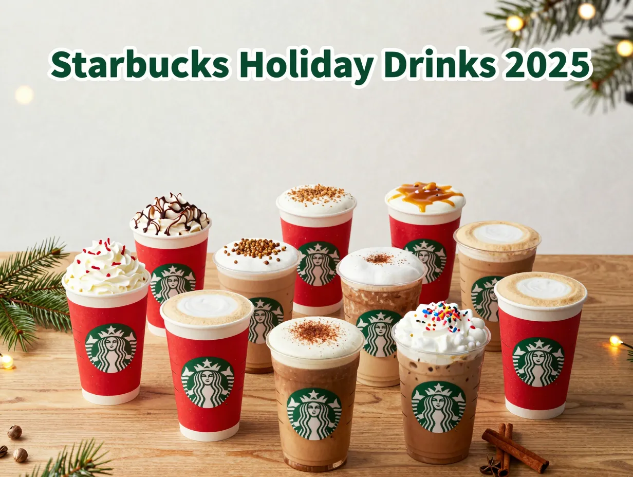 Nine starbucks holiday drinks red cups flat lay festive backdrop