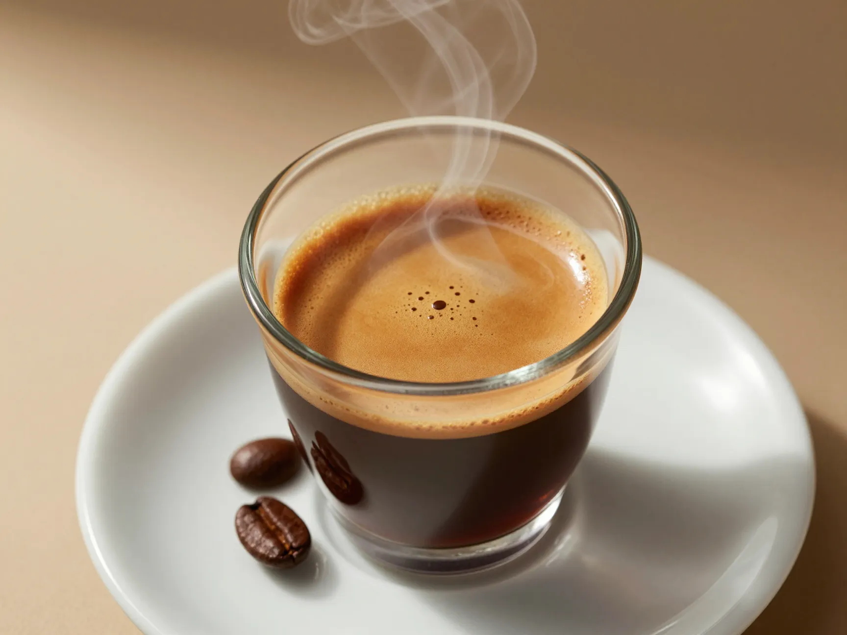 A small glass cup of aromatic espresso shot with crema on top